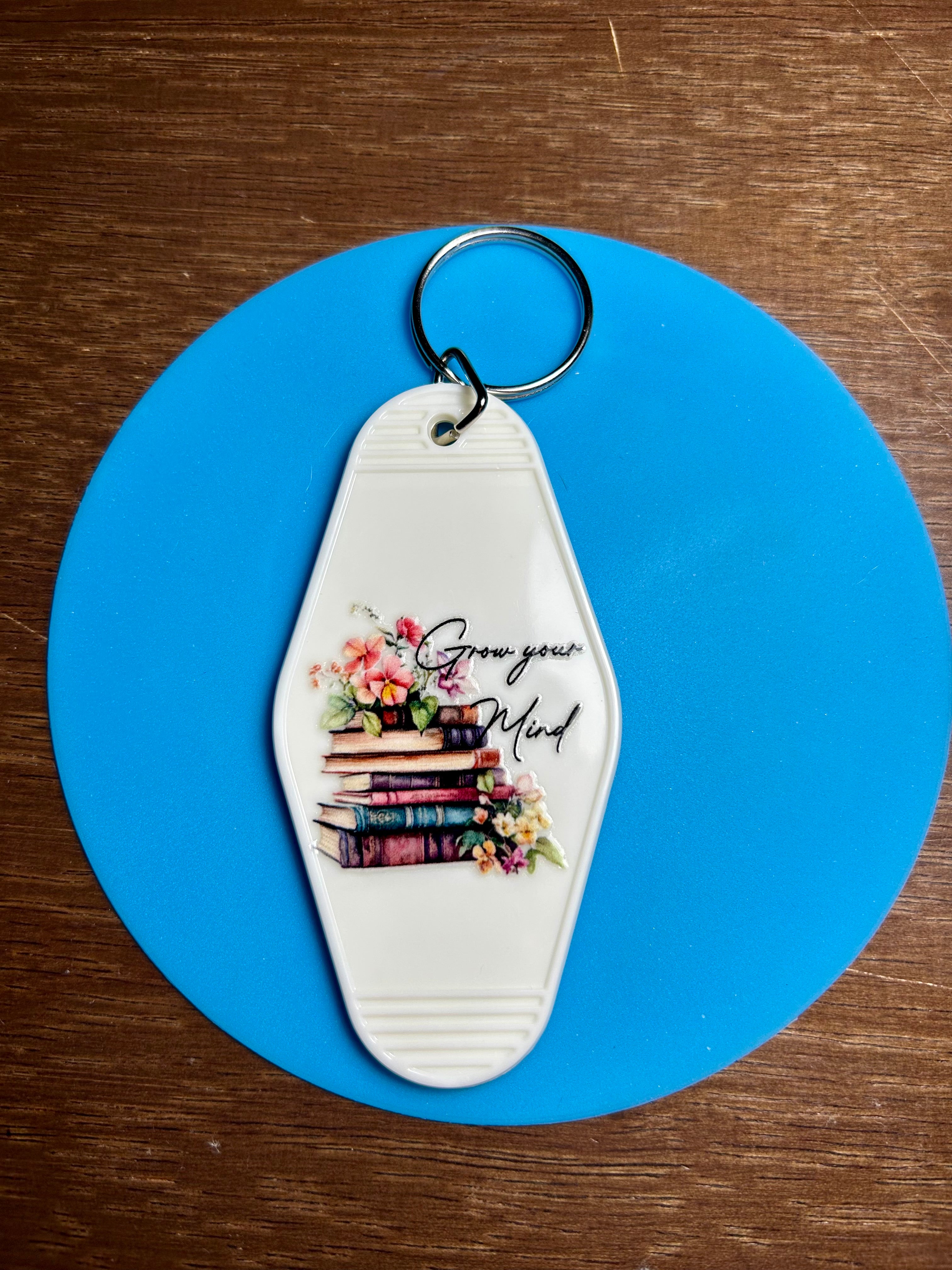 Retro Style Motel Keychain with a Bookish Theme