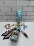 Wristlet Blue Scrunchie Keychain Bundle-Wristlet, Cylinder, Heart, Lipglosses Varies, Flowers