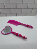 Beaded Comb & Mirror Set-Dark Pink