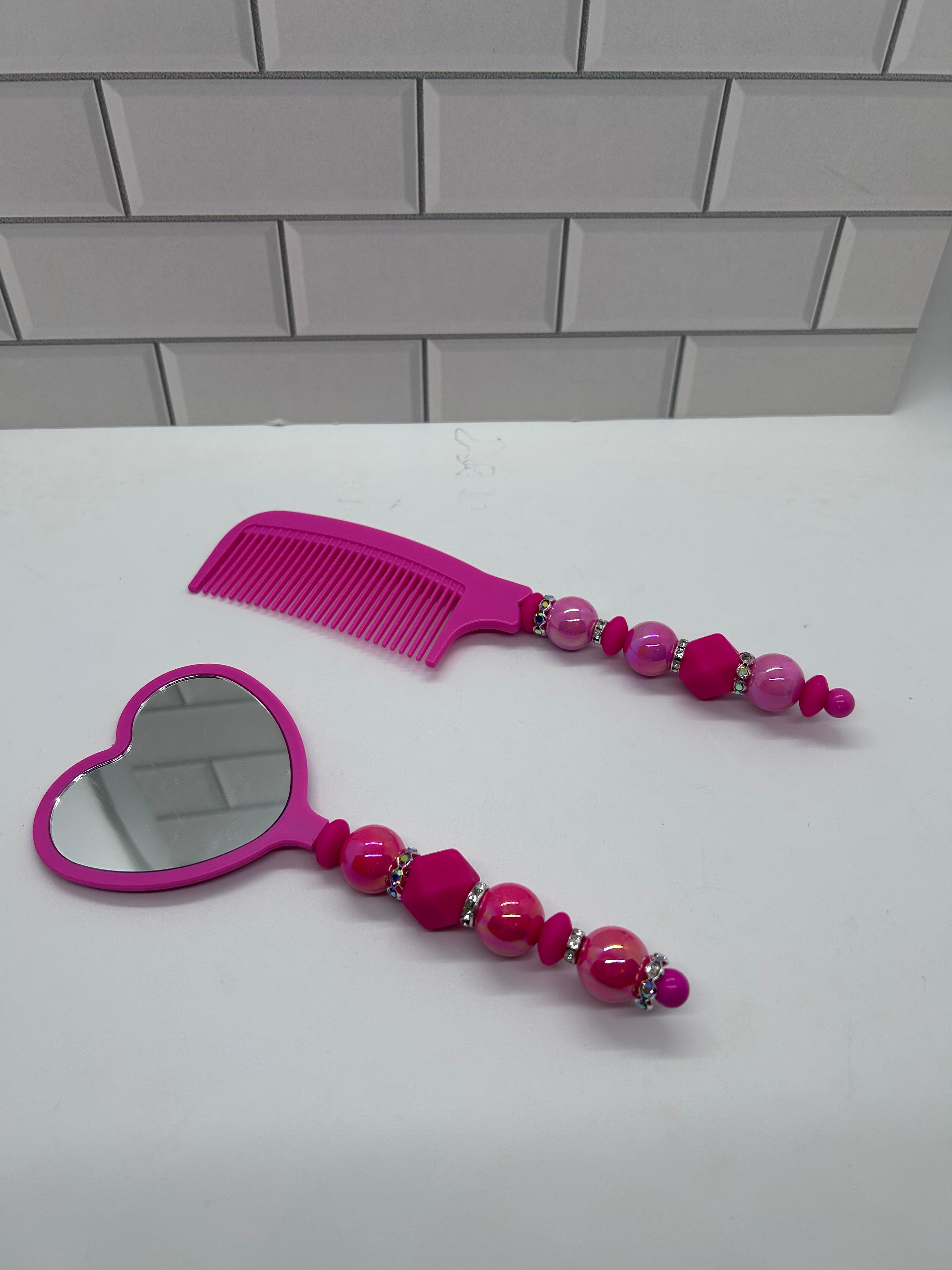 Beaded Comb & Mirror Set-Dark Pink