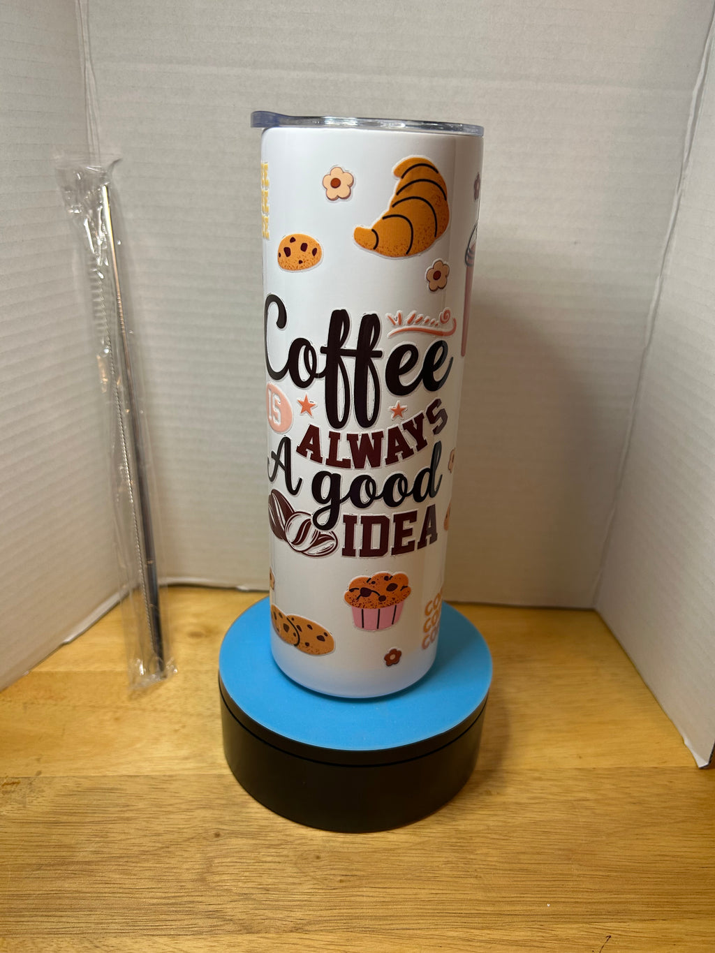 20 ounce Skinny Metal Tumbler With Metal Straw Featuring A Beautiful Coffee Inspired Design