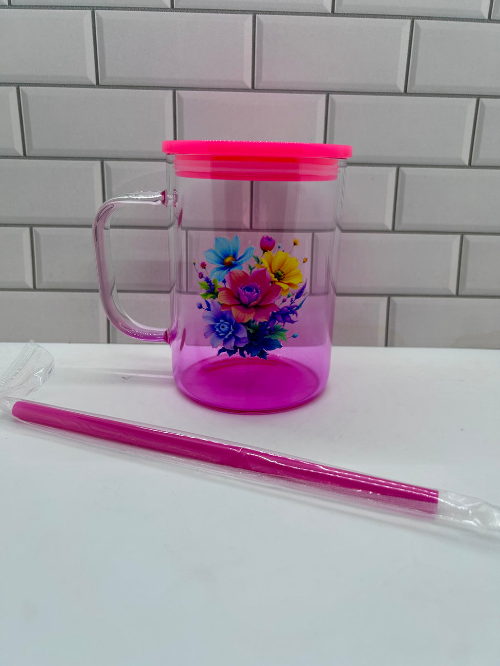 Mug isotherme en verre Ombré de 47 cl, rose vif, motif floral