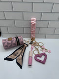 Wristlet Pink  Scrunchie Keychain Bundle-Wristlet, Cylinder, Heart, Lipglosses Varies, Flowers