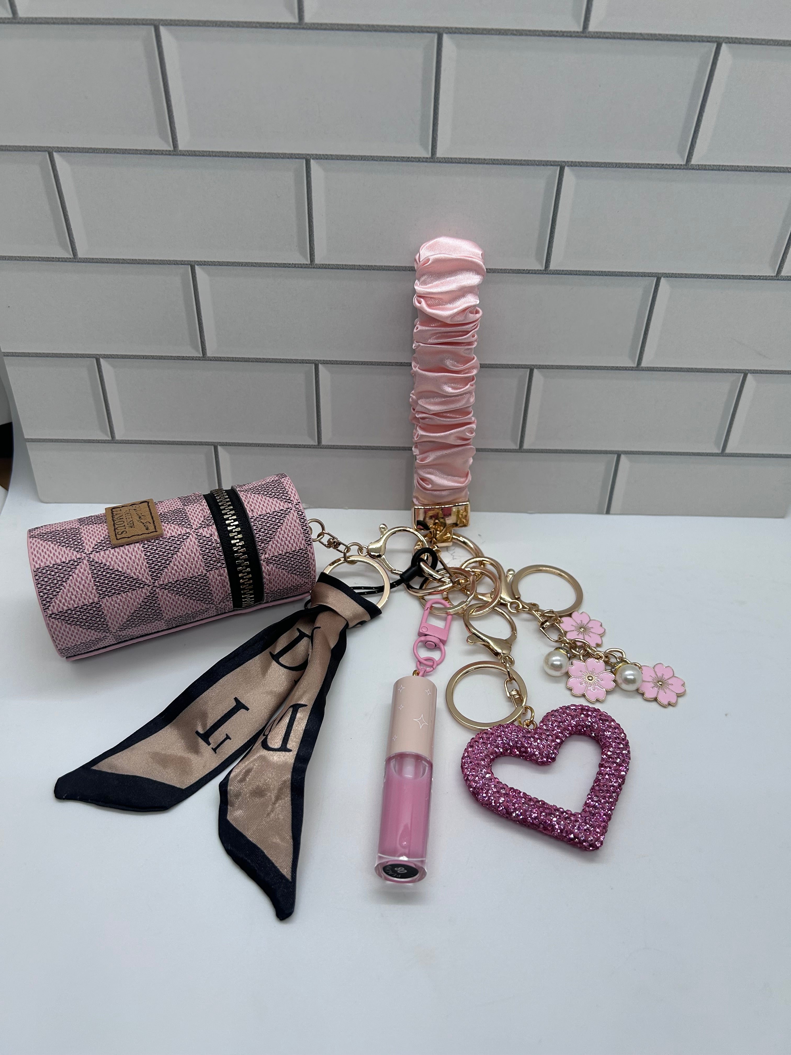 Wristlet Pink  Scrunchie Keychain Bundle-Wristlet, Cylinder, Heart, Lipglosses Varies, Flowers