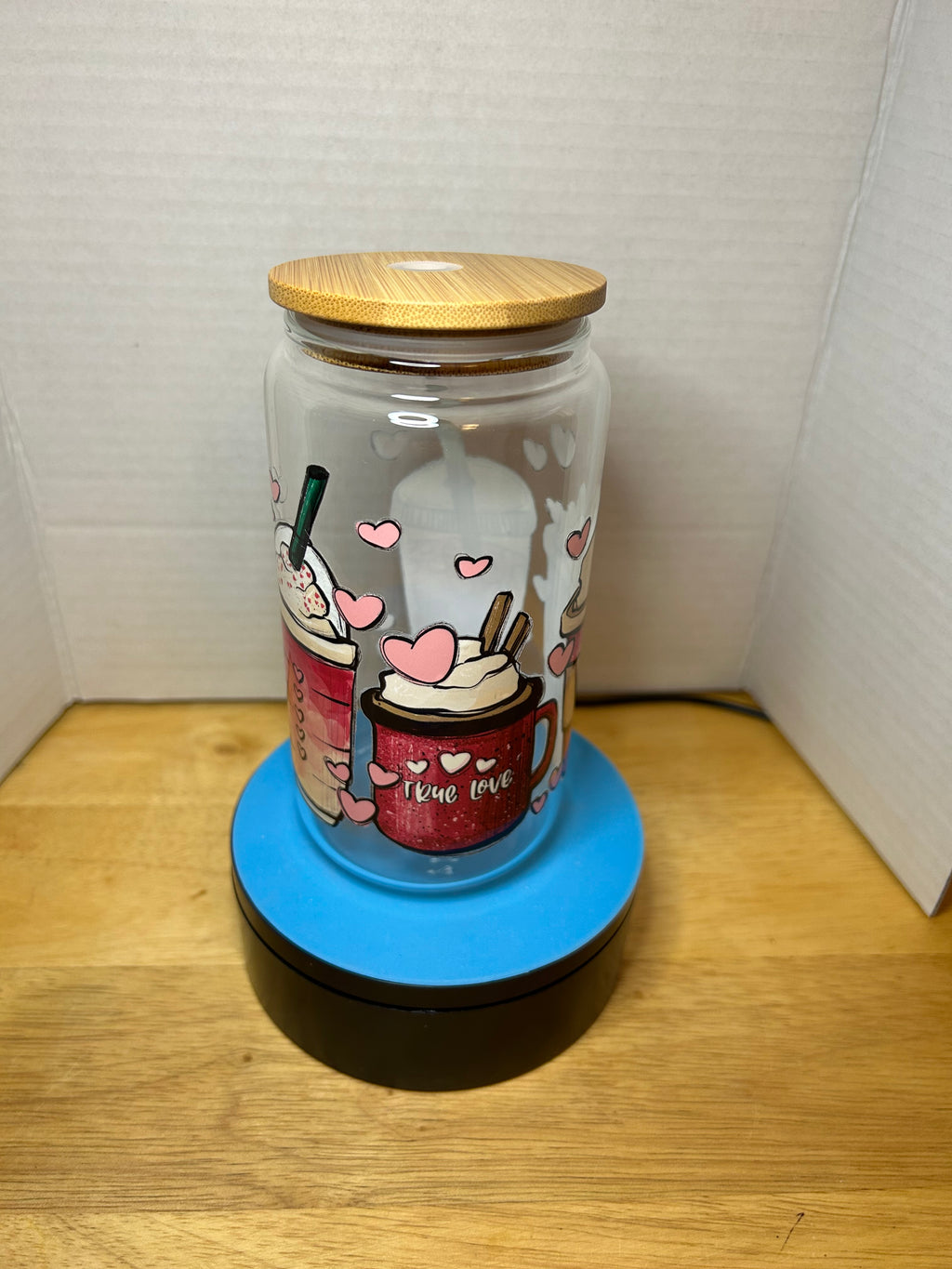 16 oz Glass Tumbler with a bamboo lid featuring a Beautiful Design, comes with metal straw and cleaning brush