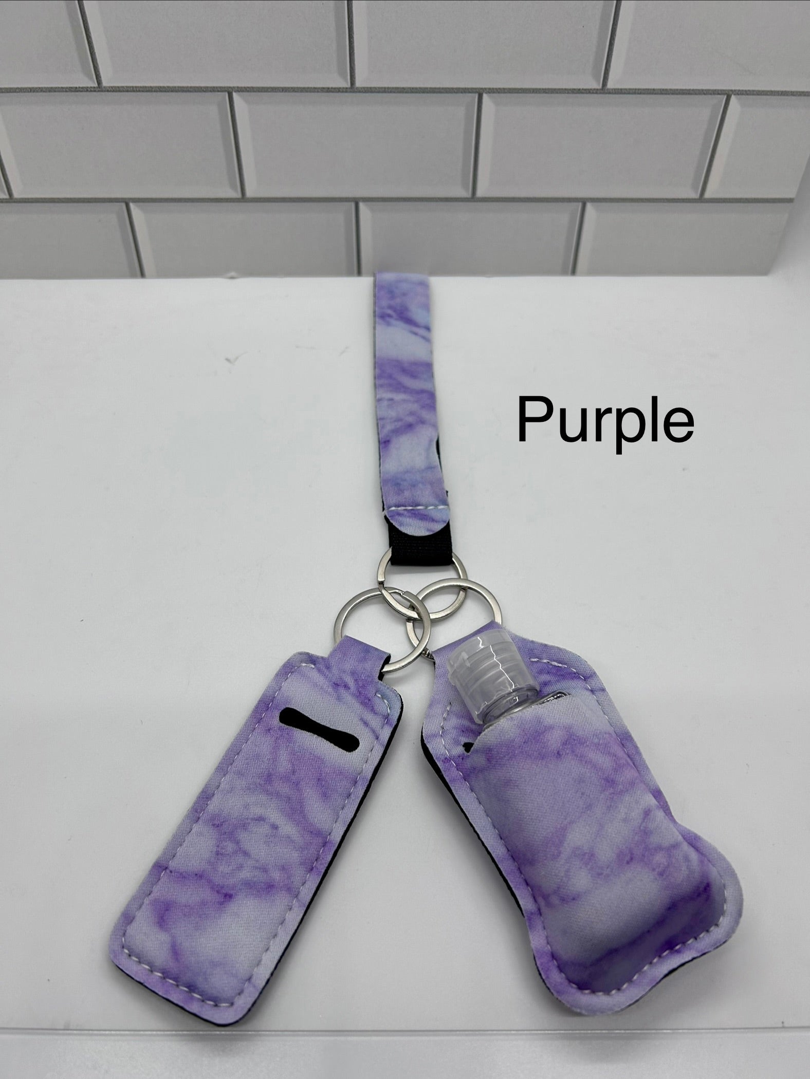 Neoprene Wristlet Keychain with Sanitizer Holder, Empty Bottle and Lip Balm Holder-Purple