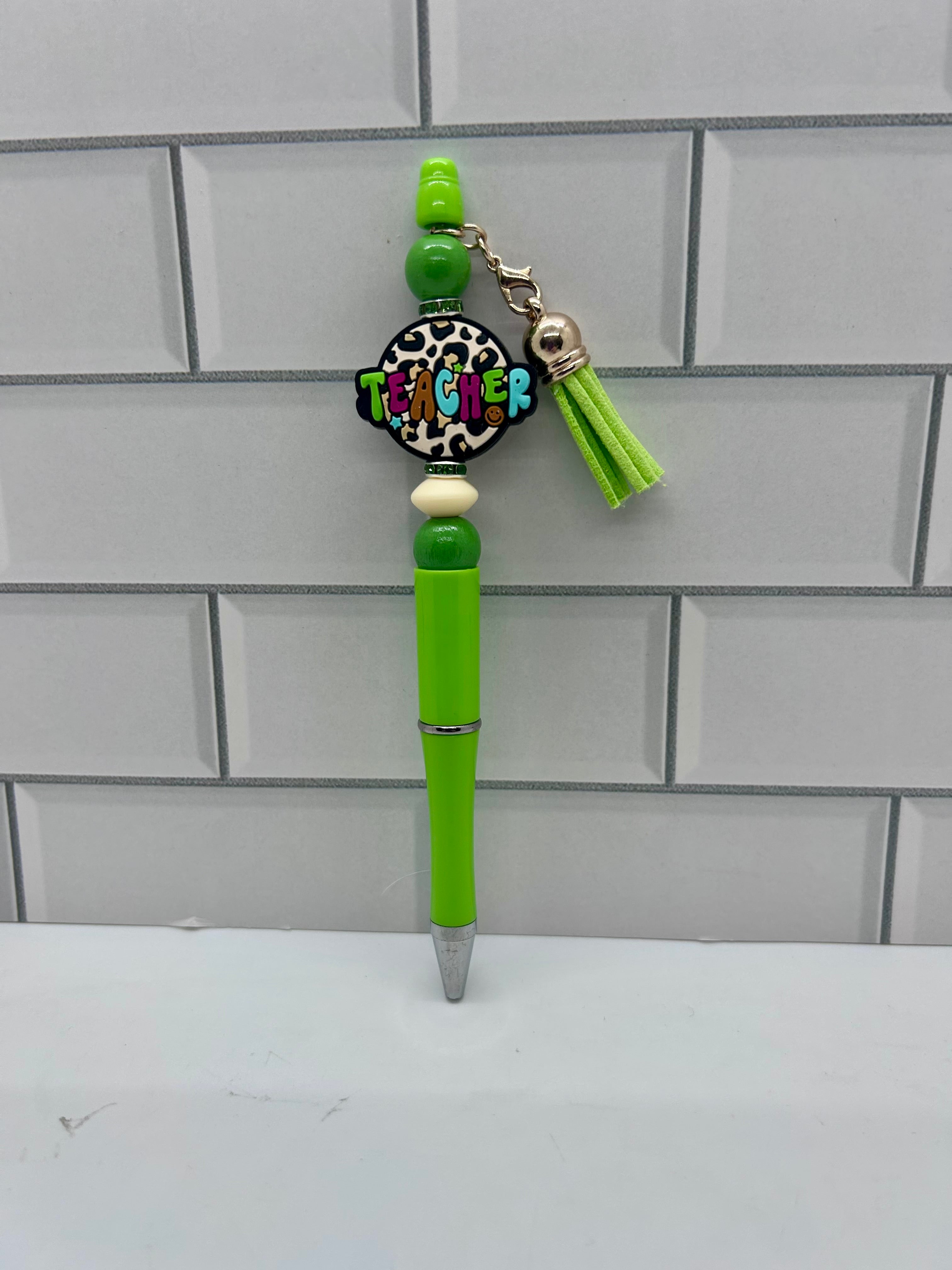 Beaded Ballpoint Pens-Green with Teacher Theme