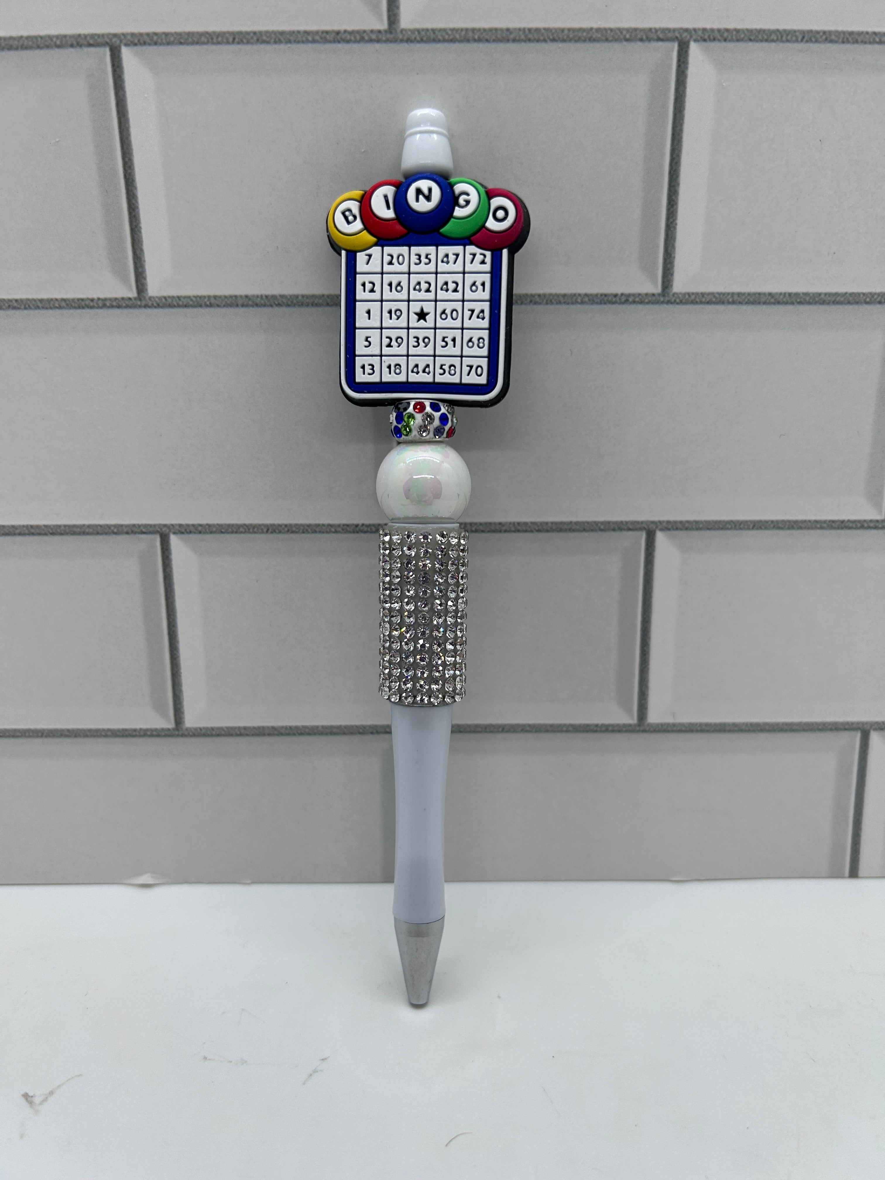 Beaded Ballpoint Pen, White with Bingo Theme