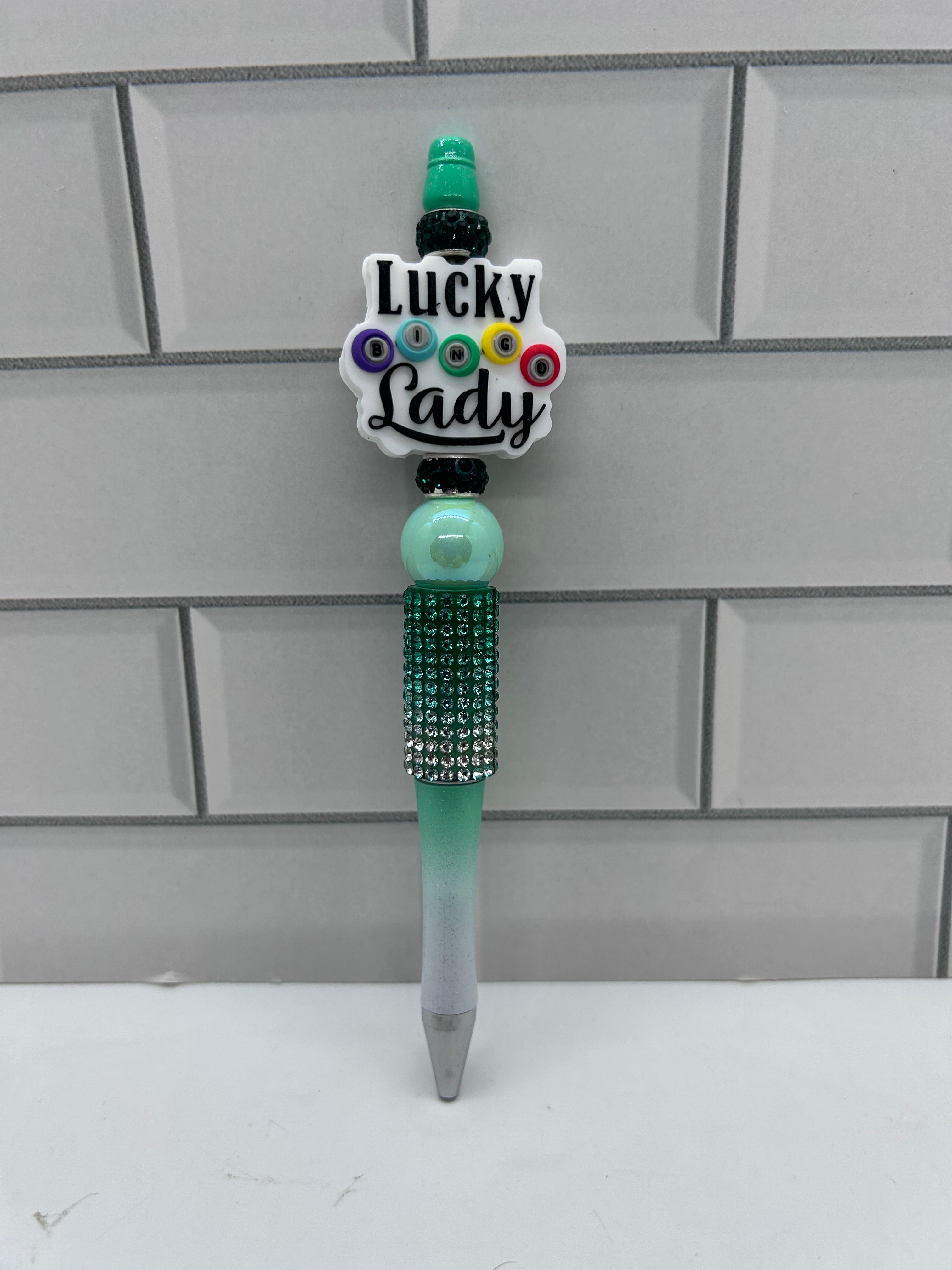 Beaded Ballpoint Pen, White/Green Ombre with Bingo Theme