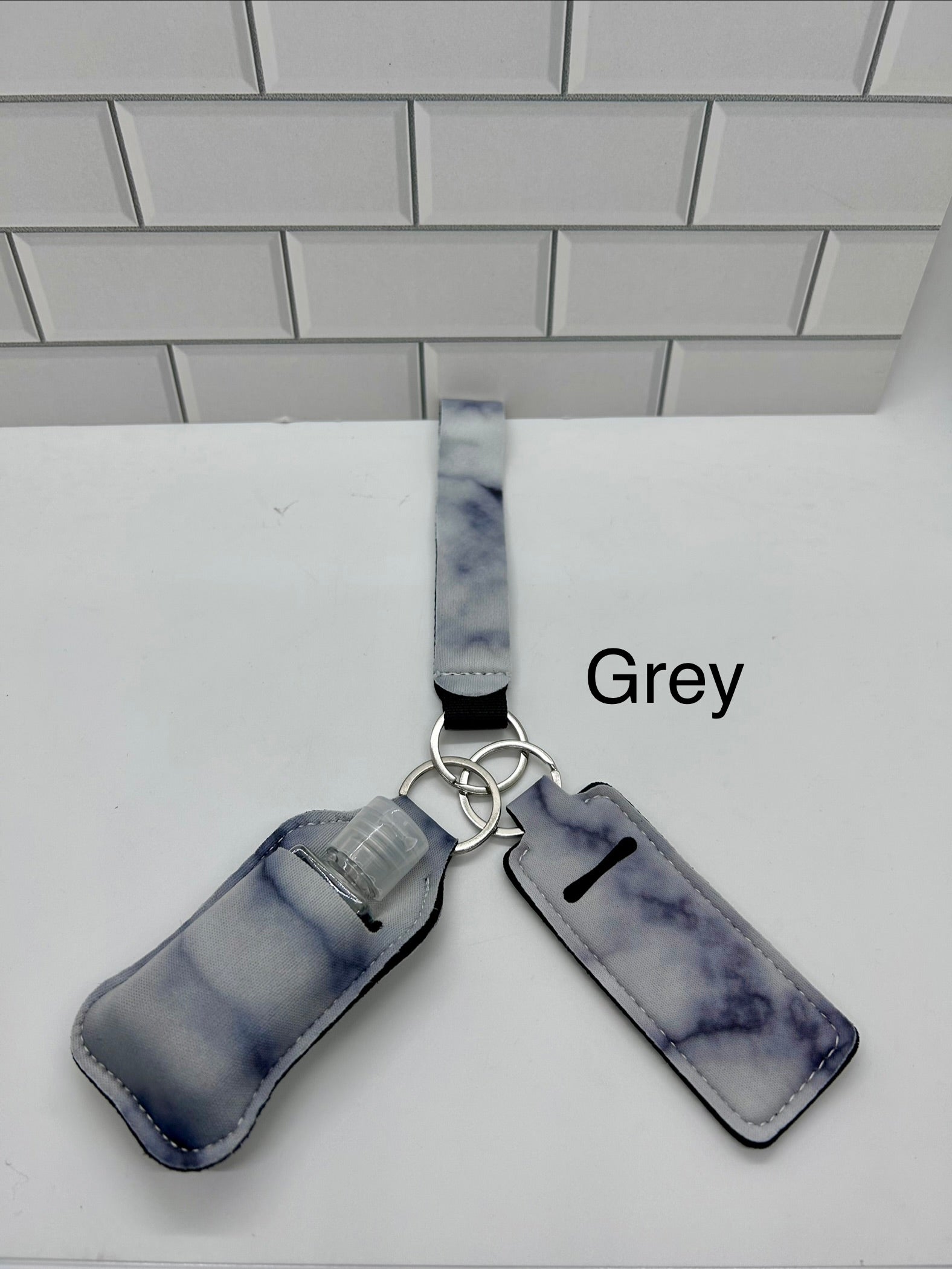 Neoprene Wristlet Keychain with Sanitizer Holder, Empty Bottle and Lip Balm Holder-Gray