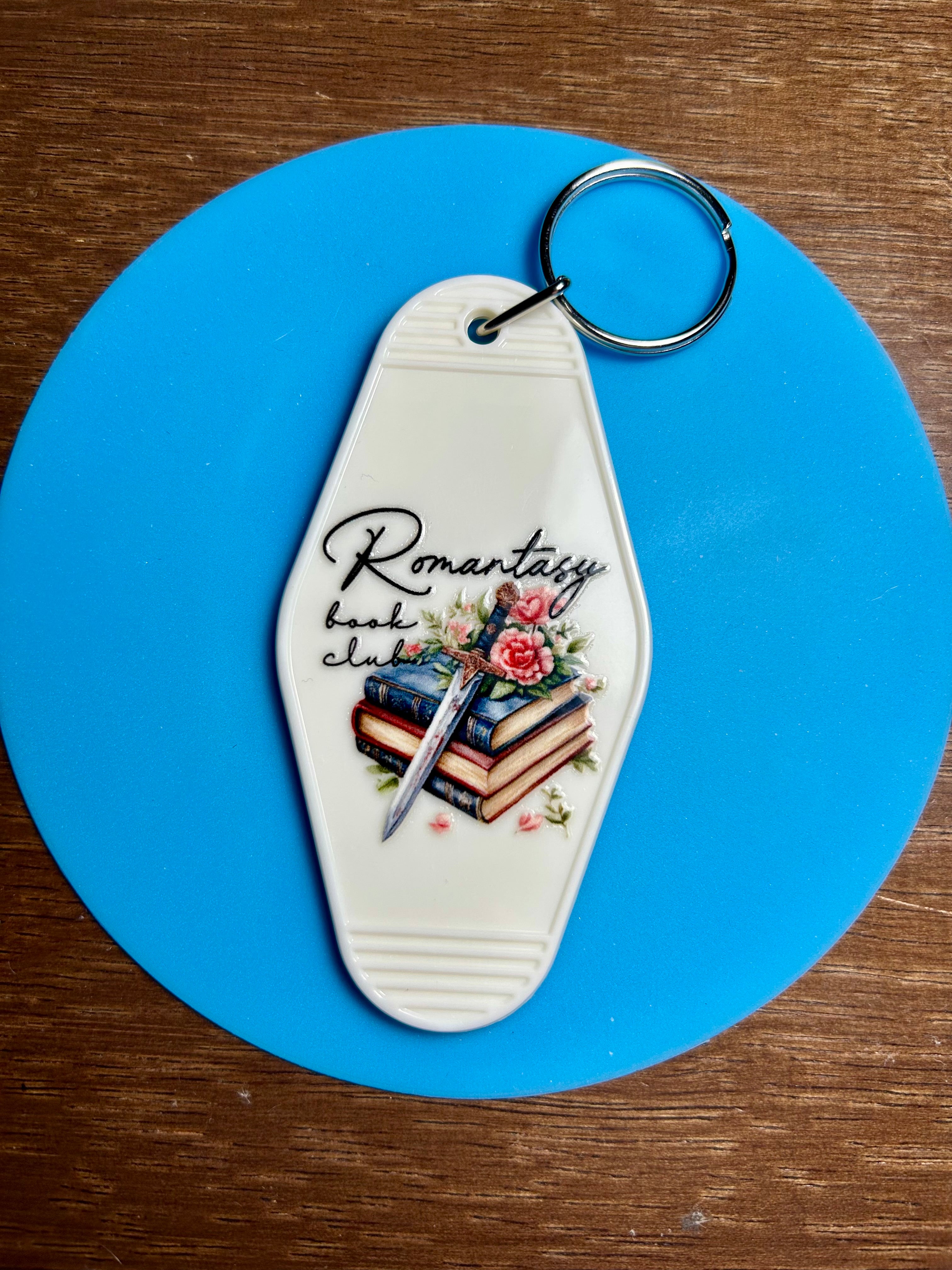 Retro Style Motel Keychain with a Bookish Theme