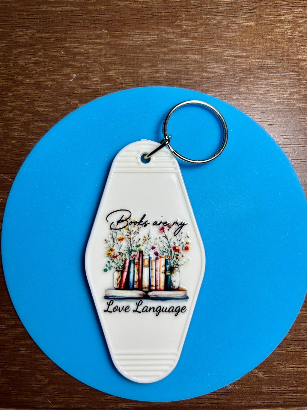 Retro Style Motel Keychain with a Bookish Theme