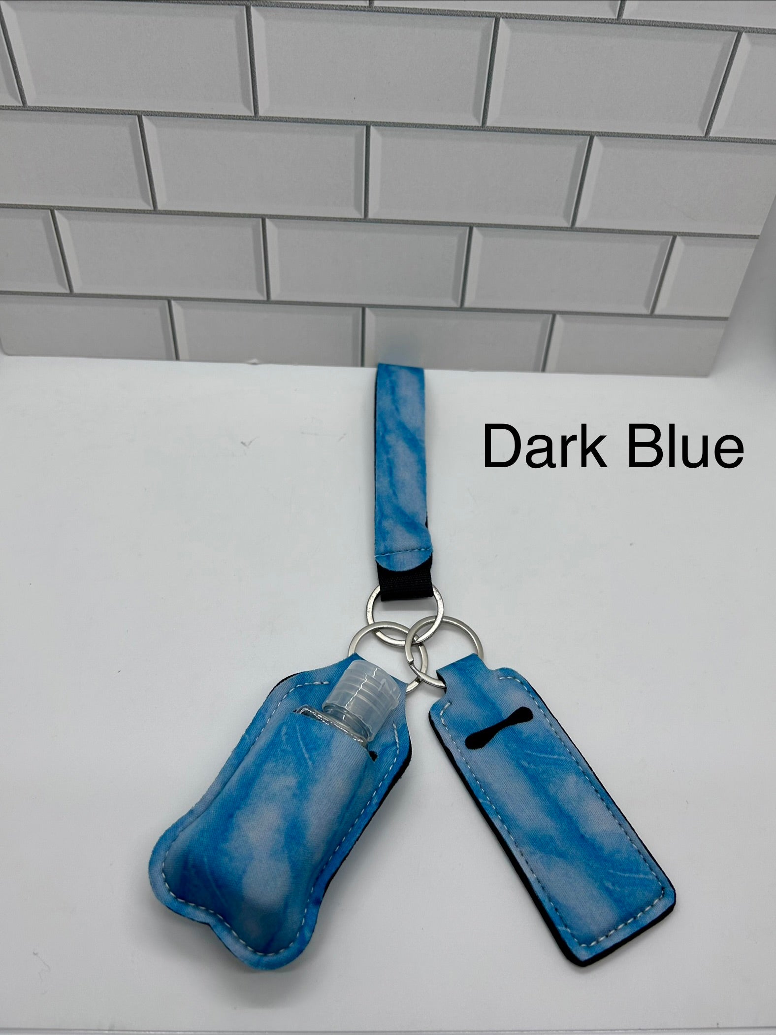 Neoprene Wristlet Keychain with Sanitizer Holder, Empty Bottle and Lip Balm Holder-Blue