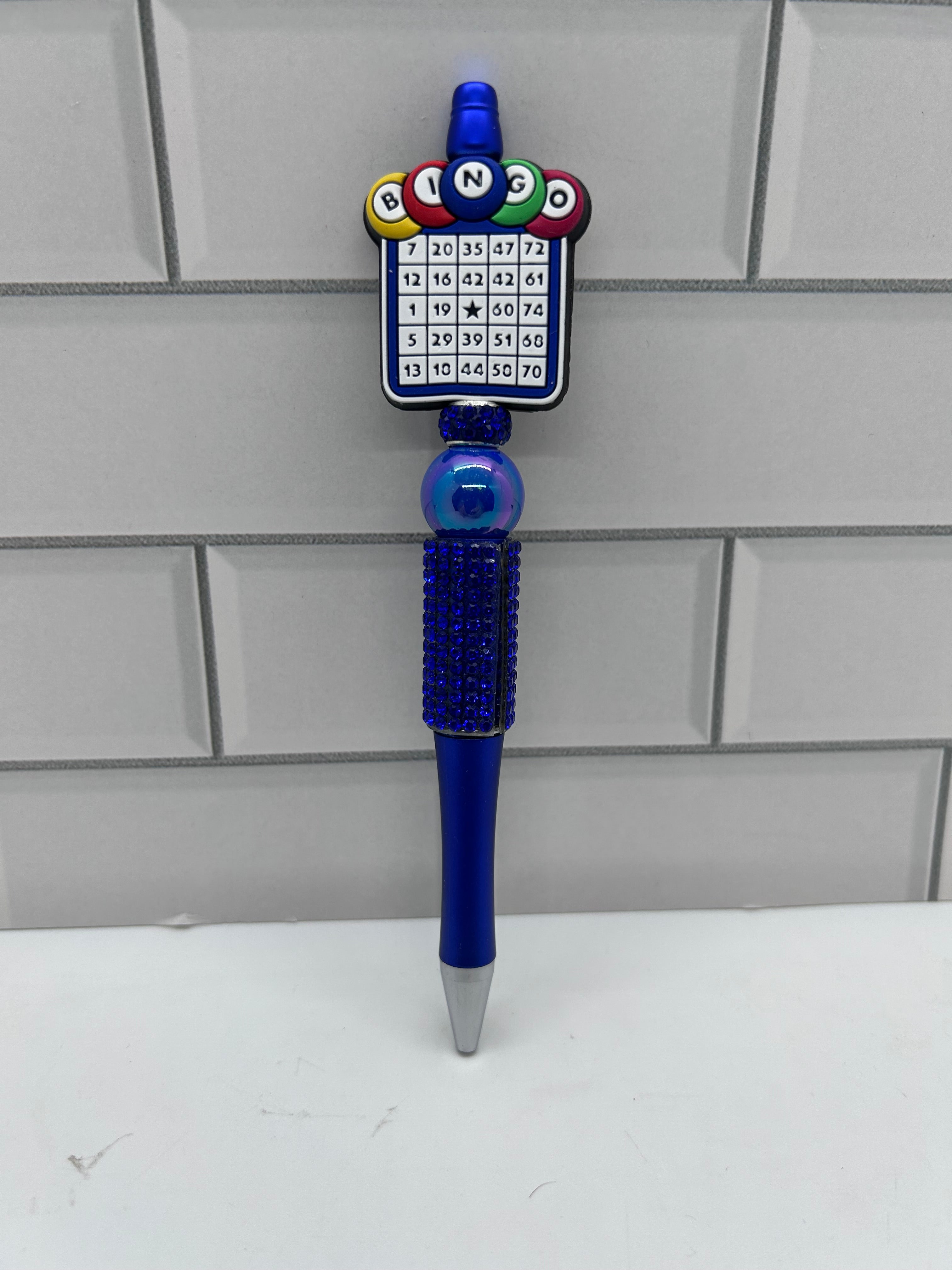 Beaded Ballpoint Pen, Blue with Bingo Theme
