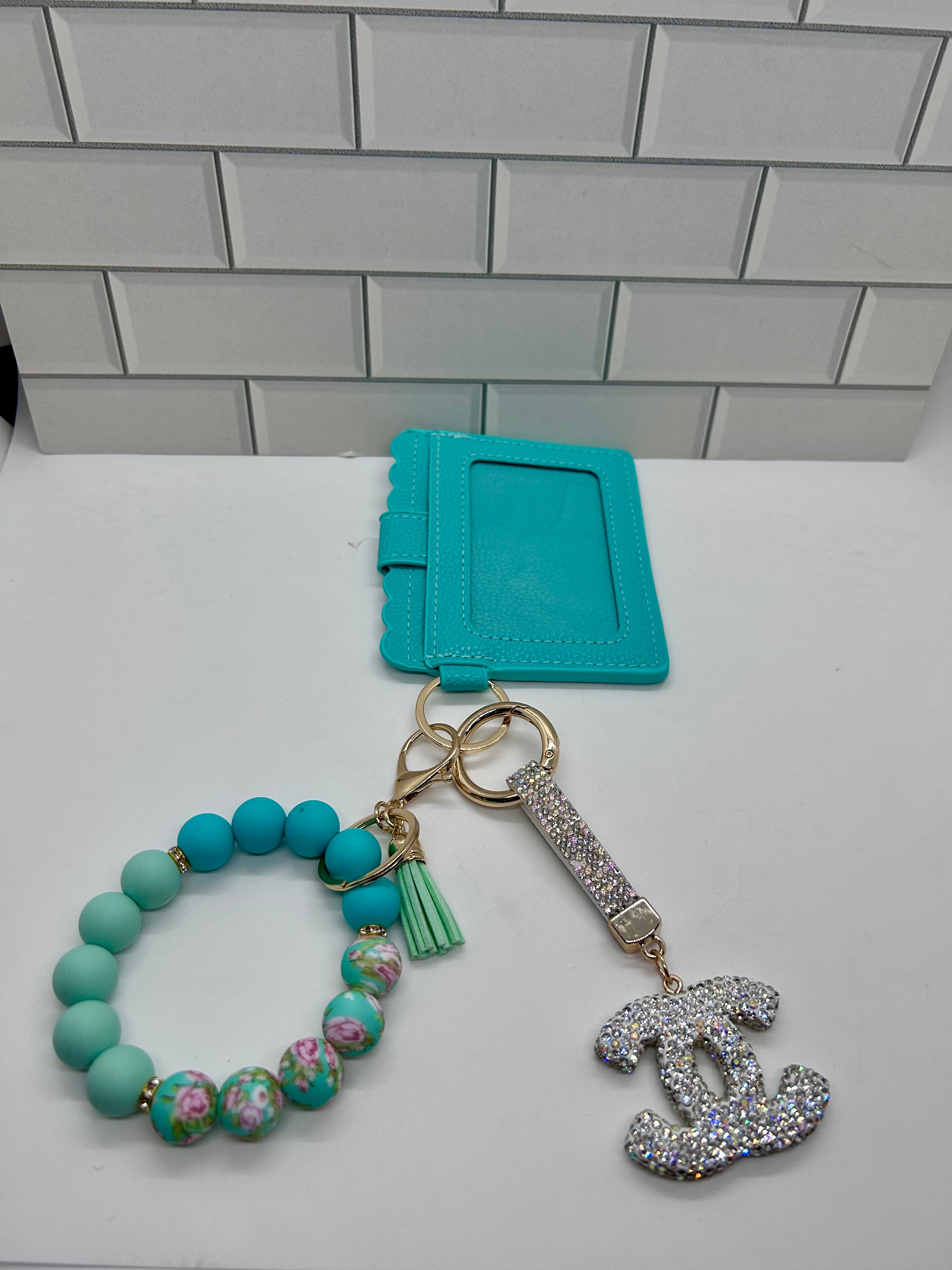 I.D. Wristlet Keychain Bundle-Teal with White Cc Charm