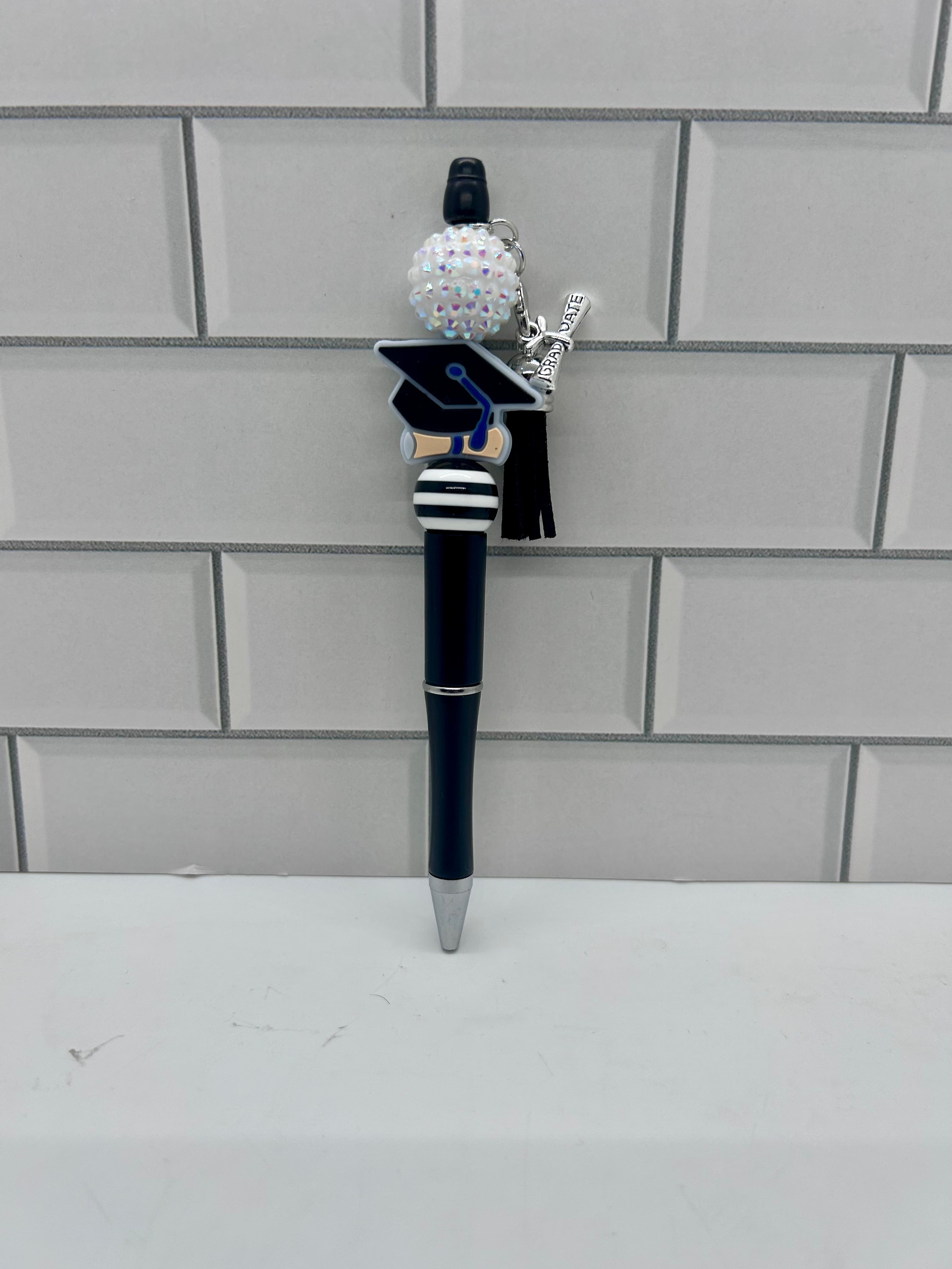 Beaded Ballpoint Pens-Black with Graduation Theme