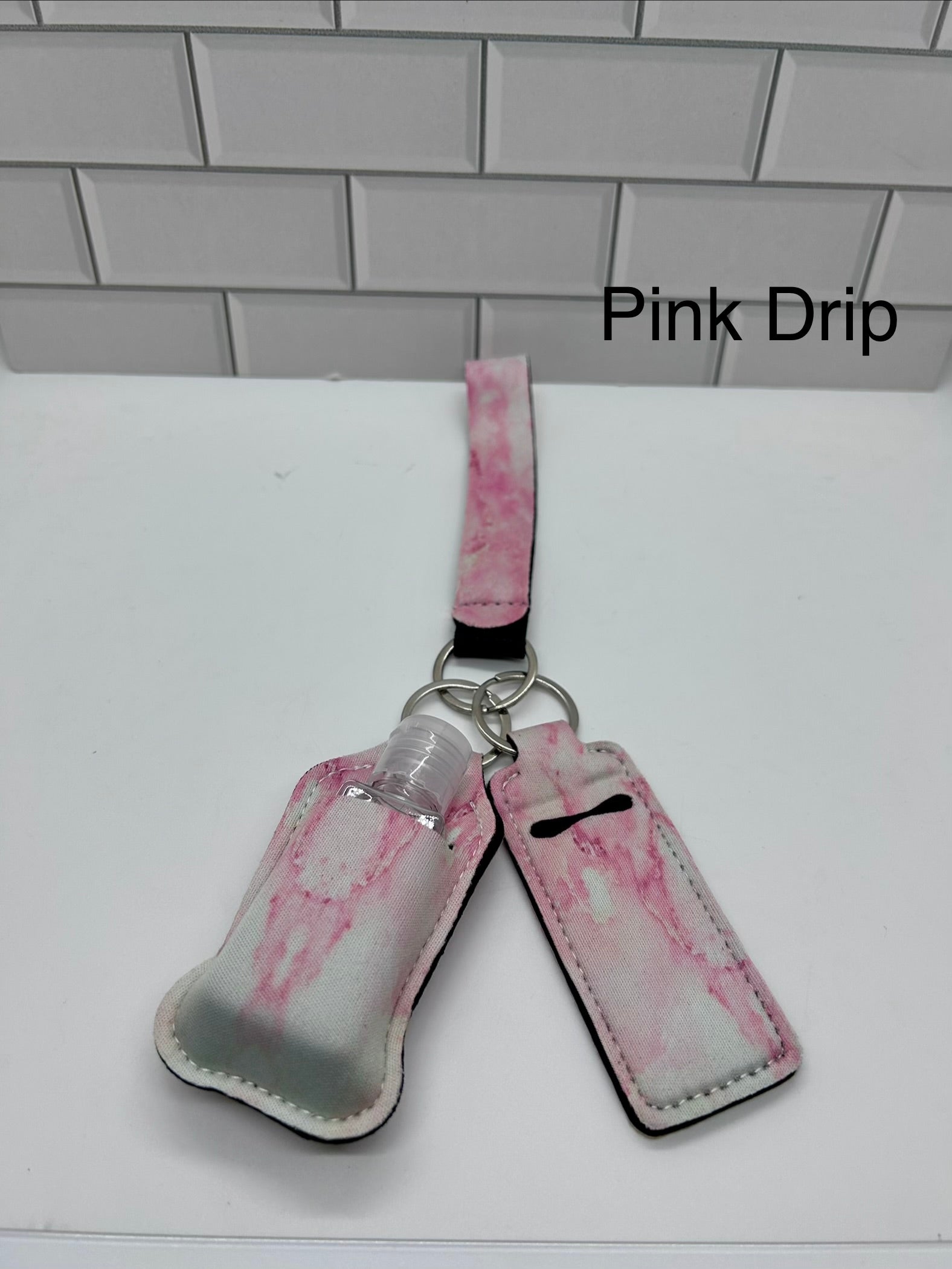 Neoprene Wristlet Keychain with Sanitizer Holder, Empty Bottle and Lip Balm Holder-Pink