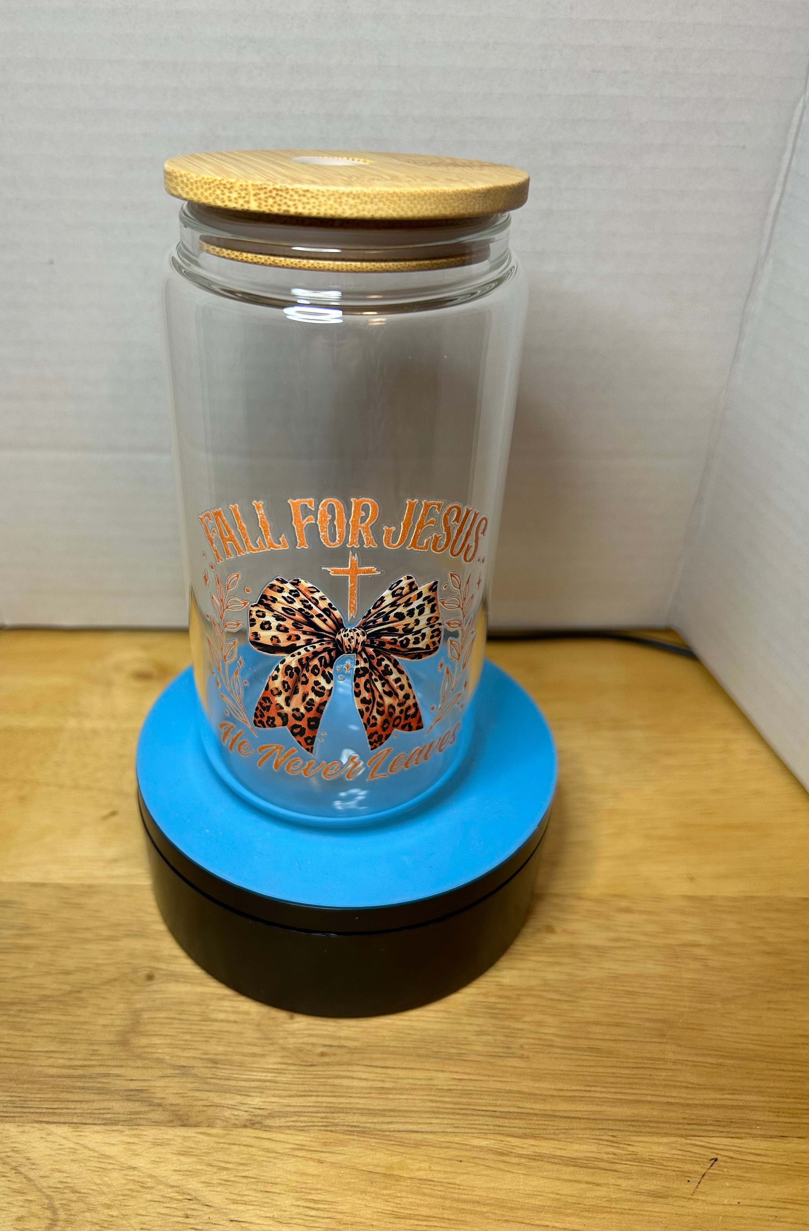 16 oz Glass Tumbler with a bamboo lid featuring a Beautiful Design, comes with metal straw and cleaning brush