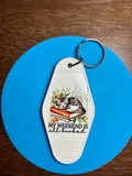 Retro Style Motel Keychain with a Bookish Theme