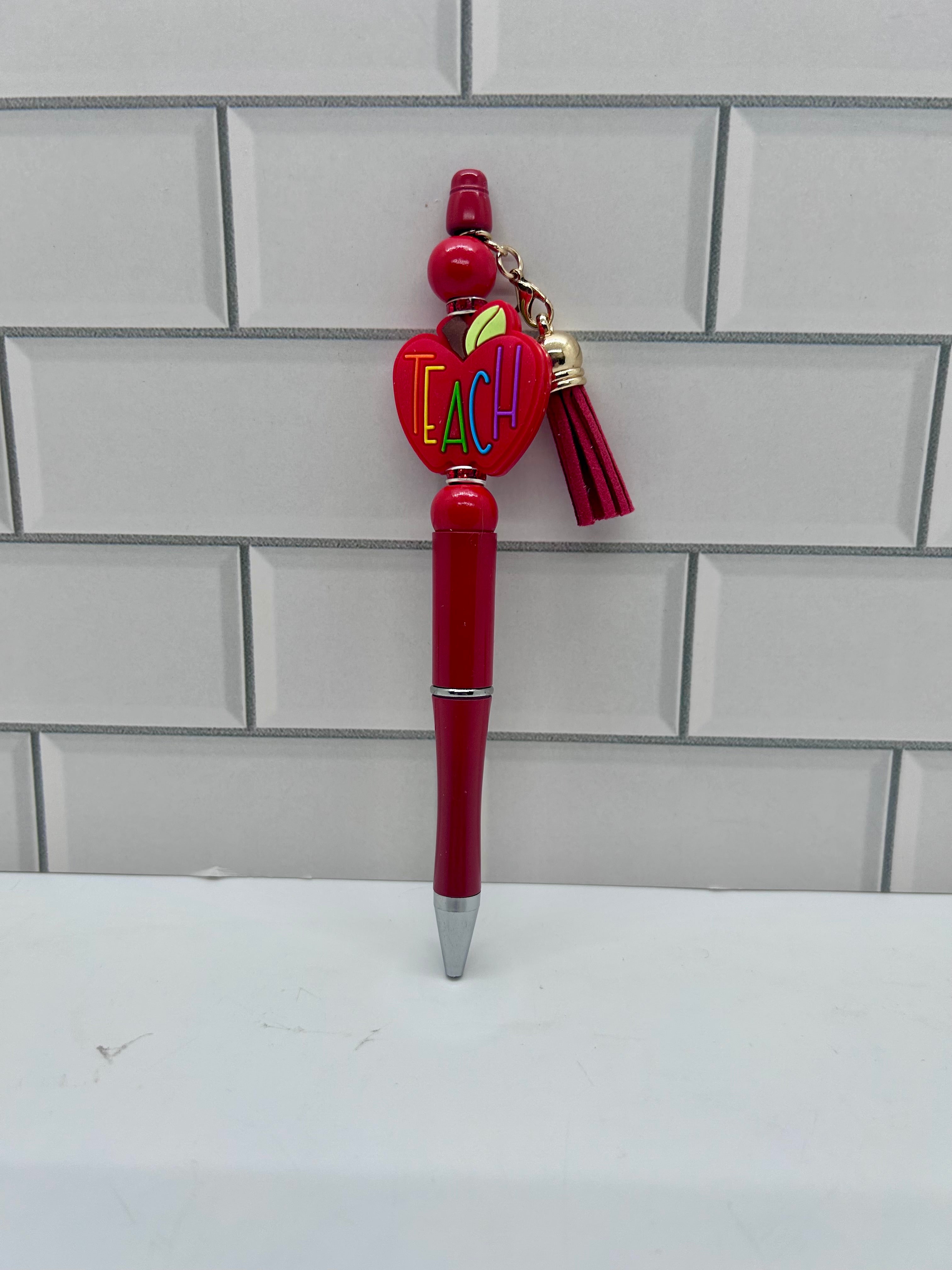 Beaded Ballpoint Pens-Red with Teacher Theme