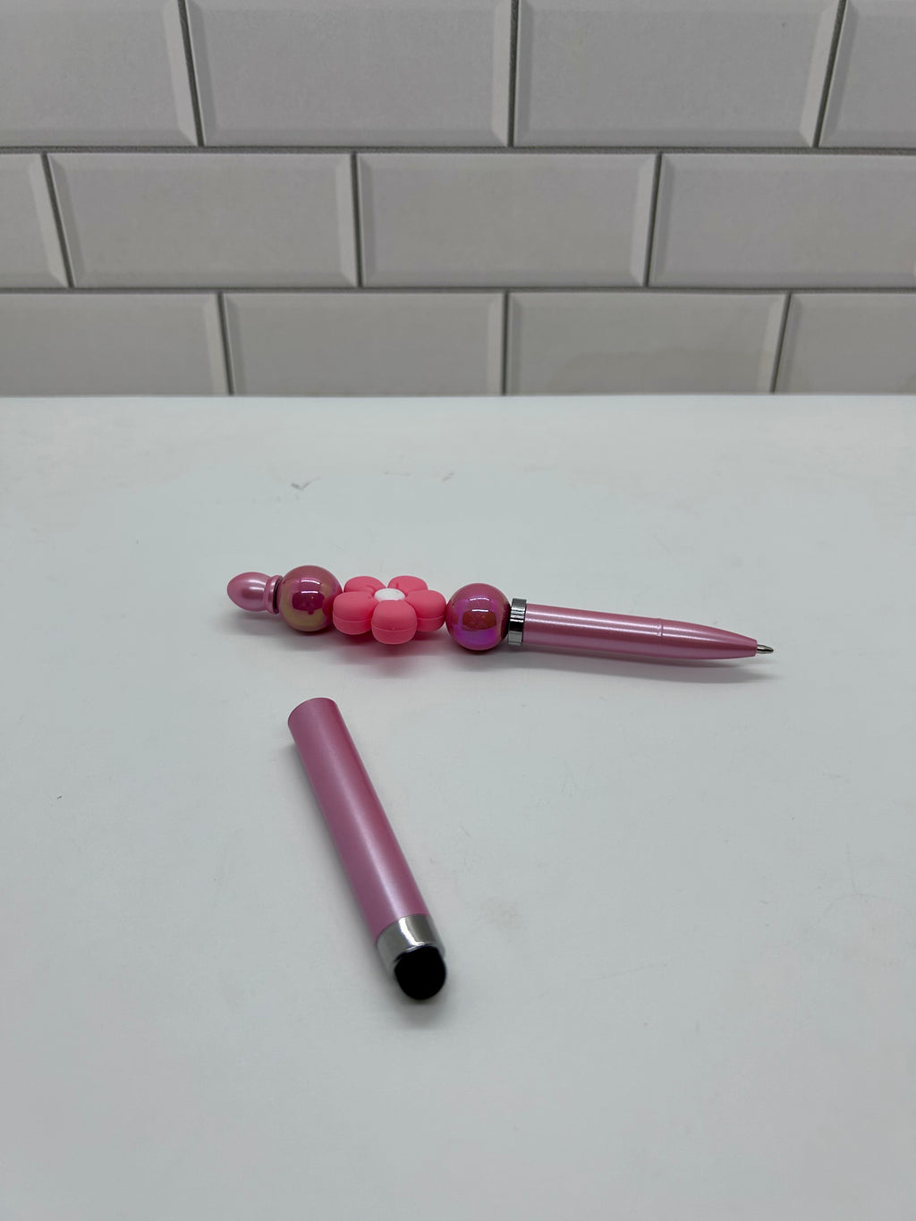 Beaded Stylus/Pen-Pink Acrylic with Floral Focal