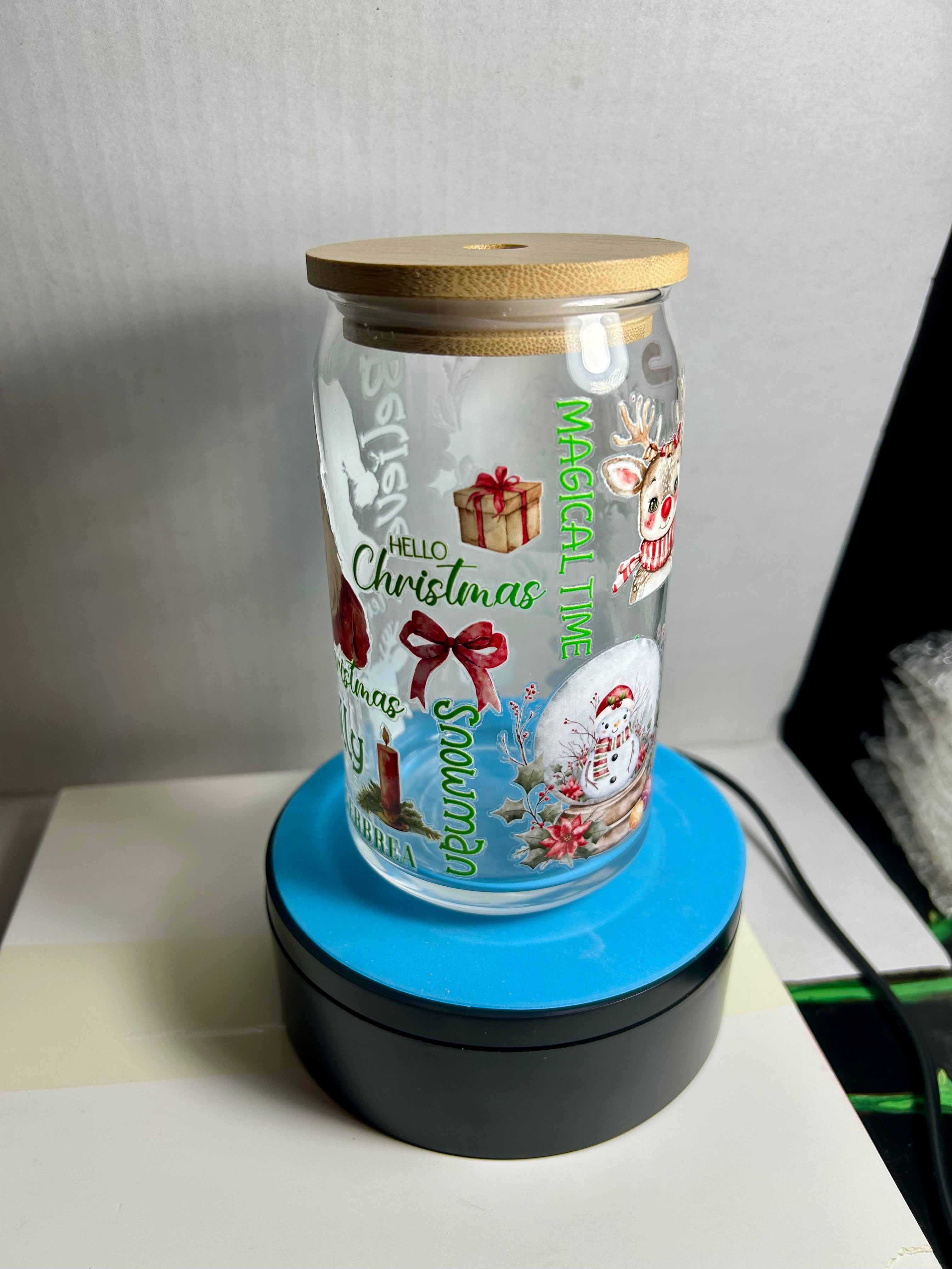 16 oz Glass Tumbler, Glass Straw featuring a Beautiful Christmas Design