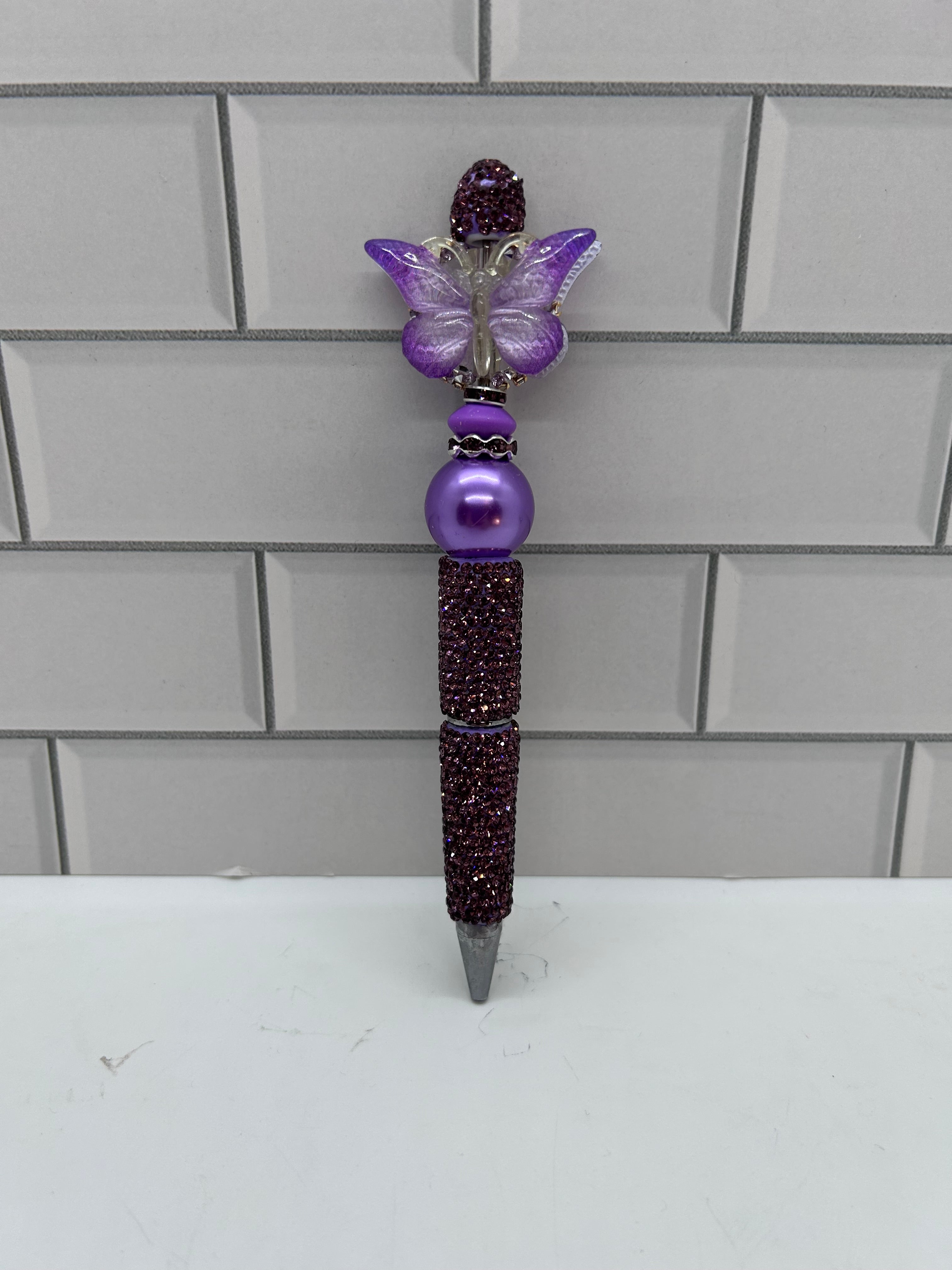 Rhinestone Beaded Ballpoint Pen-Dark Purple/Butterfly