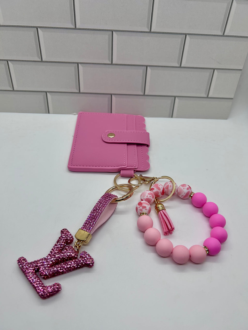I.D. Wristlet Keychain Bundle-Pink with Pink LV Charm