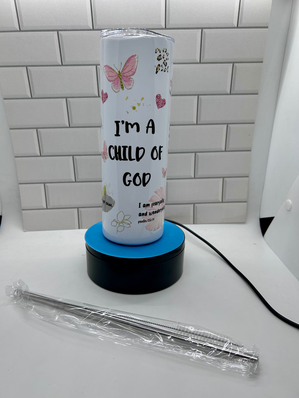 20 ounce Skinny Metal Tumbler With Metal Straw Featuring A Beautiful Inspirational Theme Design