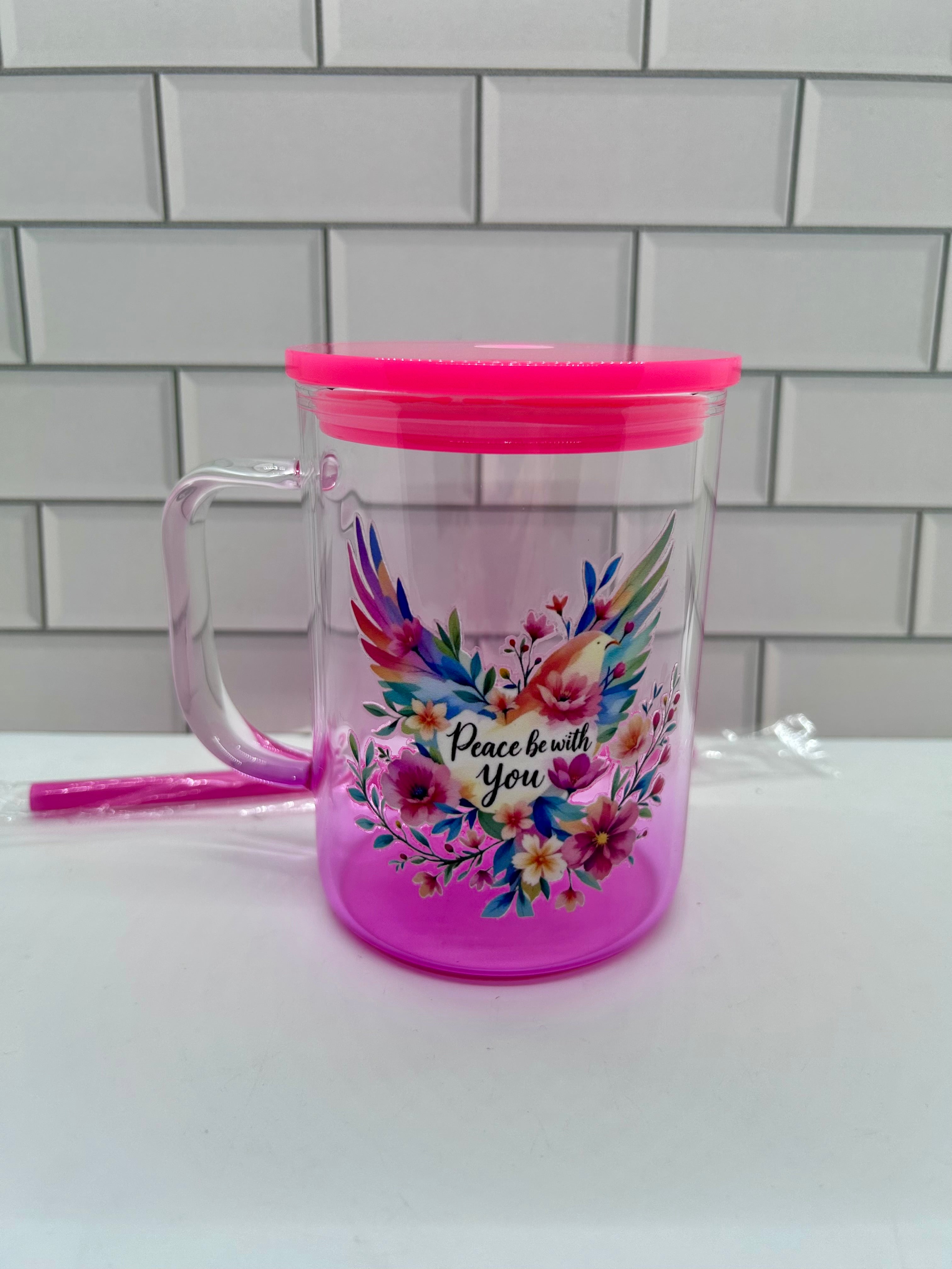 Mug gobelet en verre ombré de 47 cl, rose vif avec thème biblique