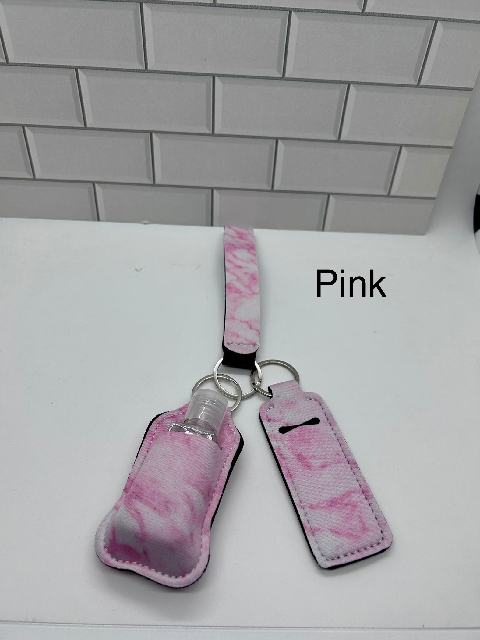 Neoprene Wristlet Keychain with Sanitizer Holder, Empty Bottle and Lip Balm Holder-Pink