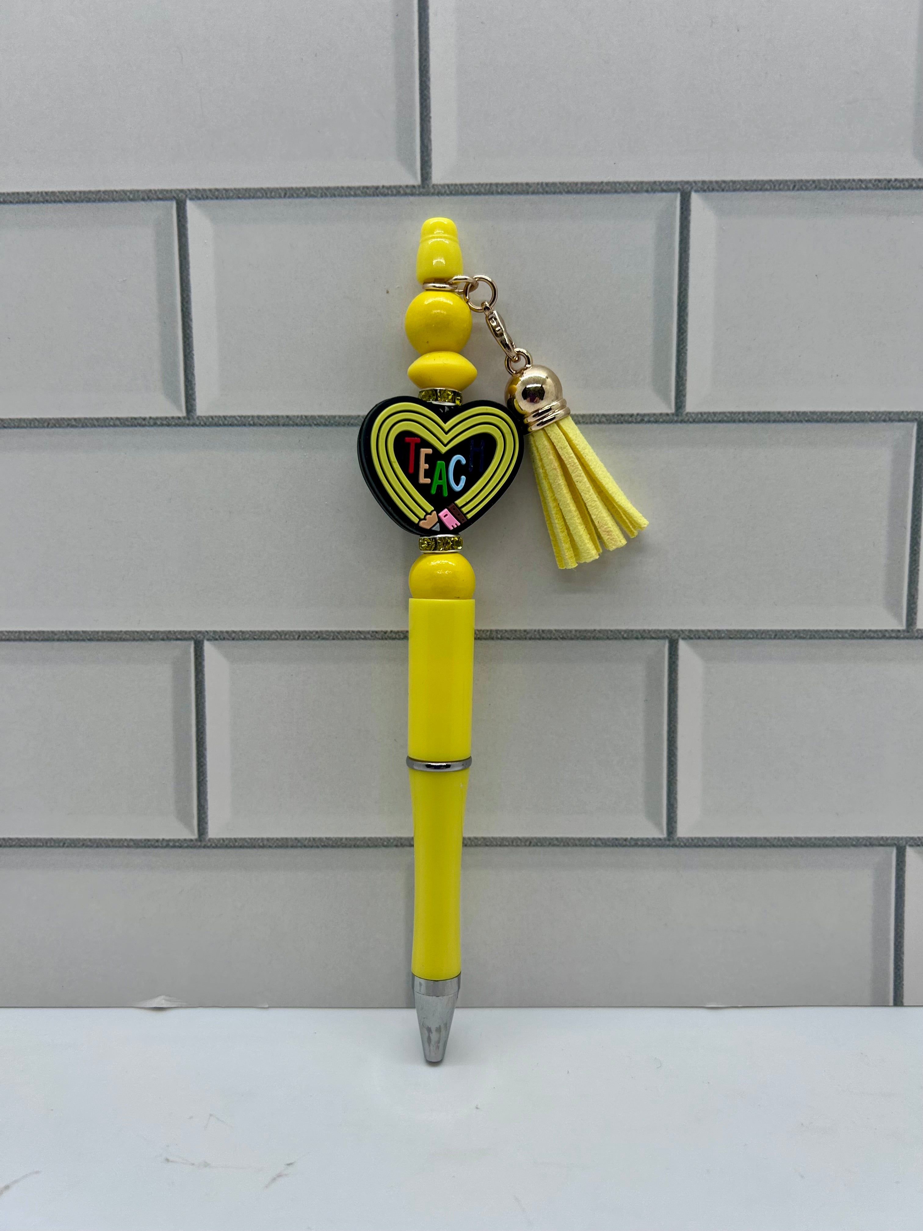 Beaded Ballpoint Pens-Yellow with Teacher Theme