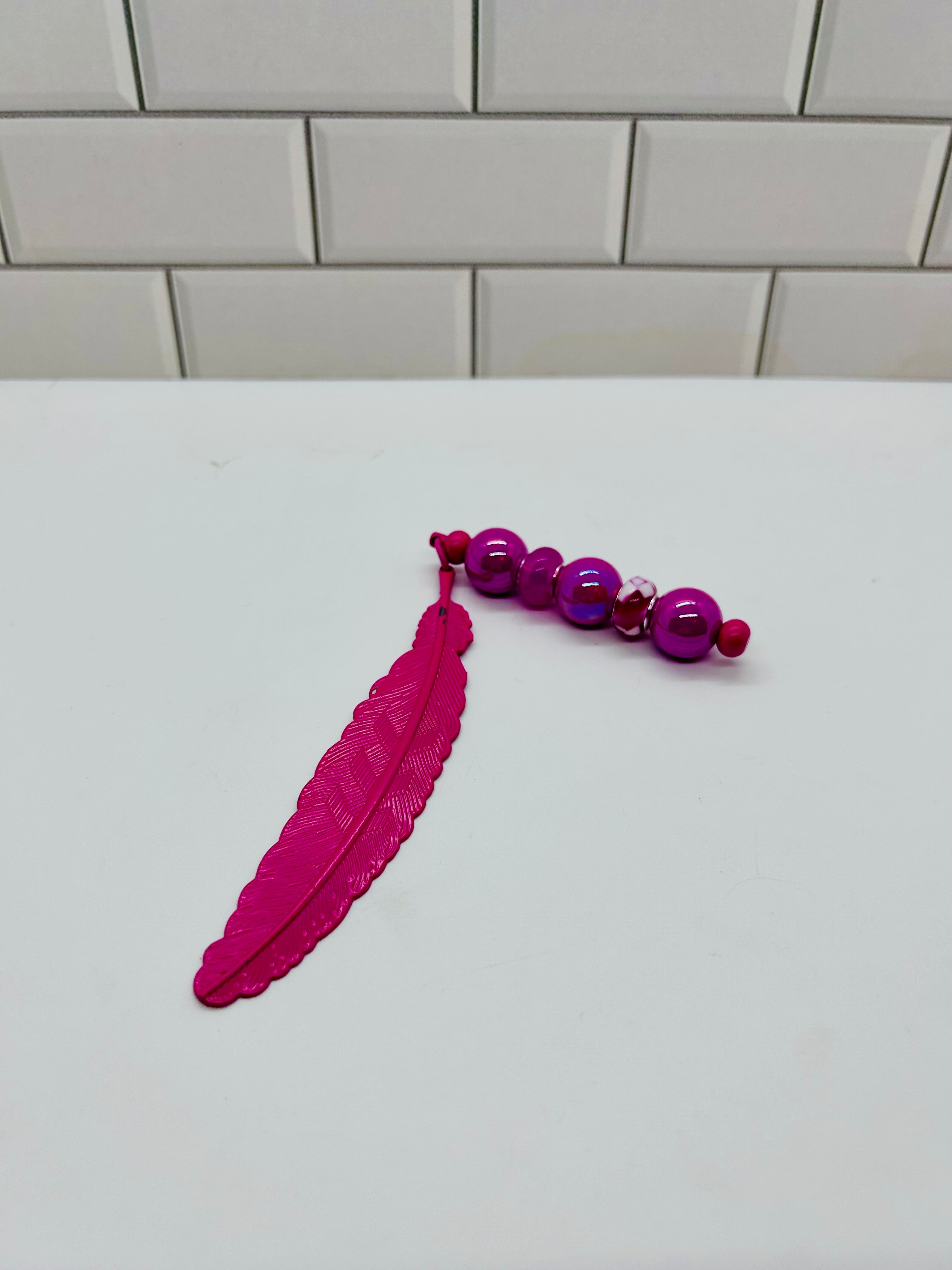 Metal Feather Beaded Bookmark-Pink