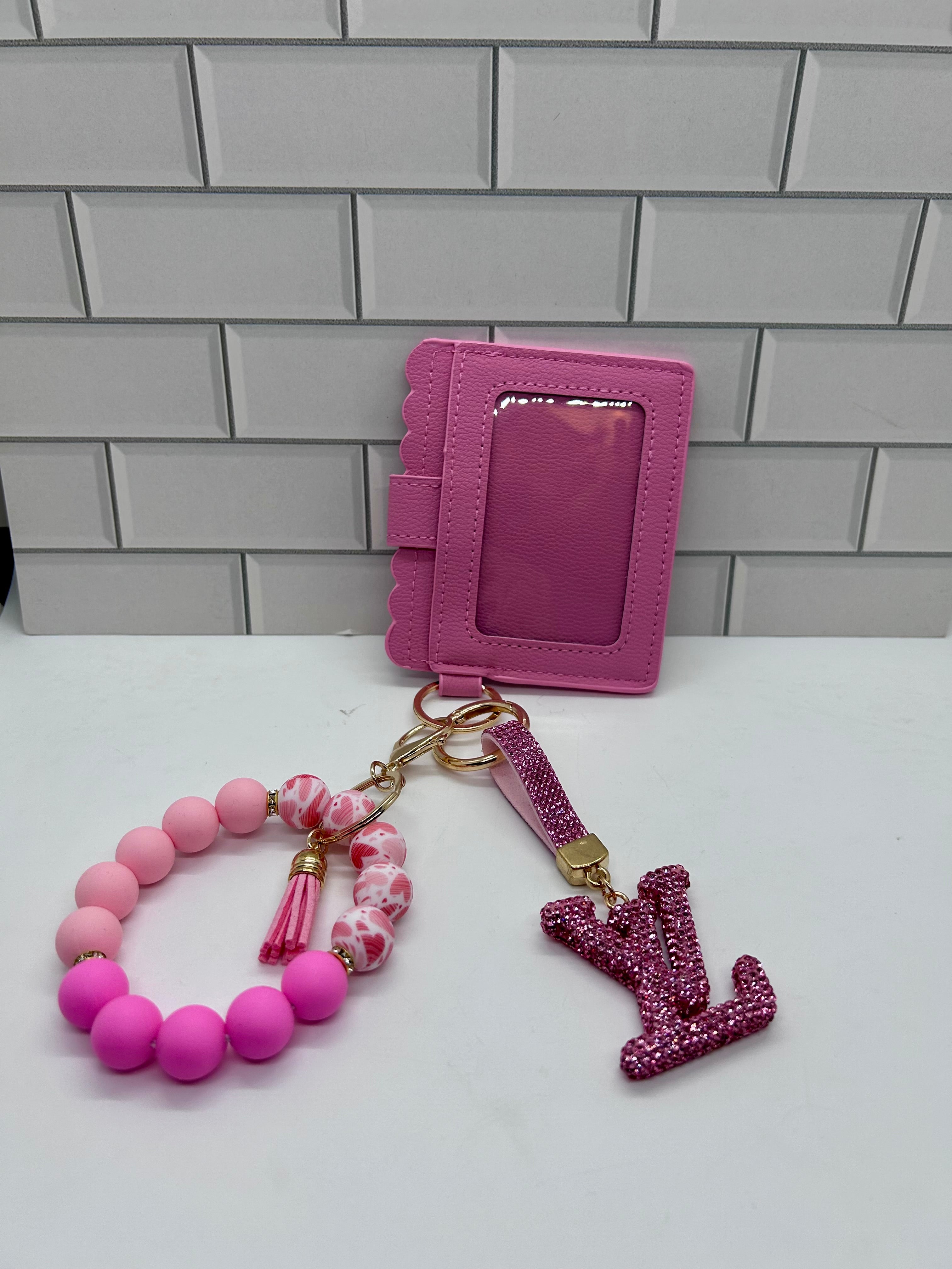 I.D. Wristlet Keychain Bundle-Pink with Pink LV Charm