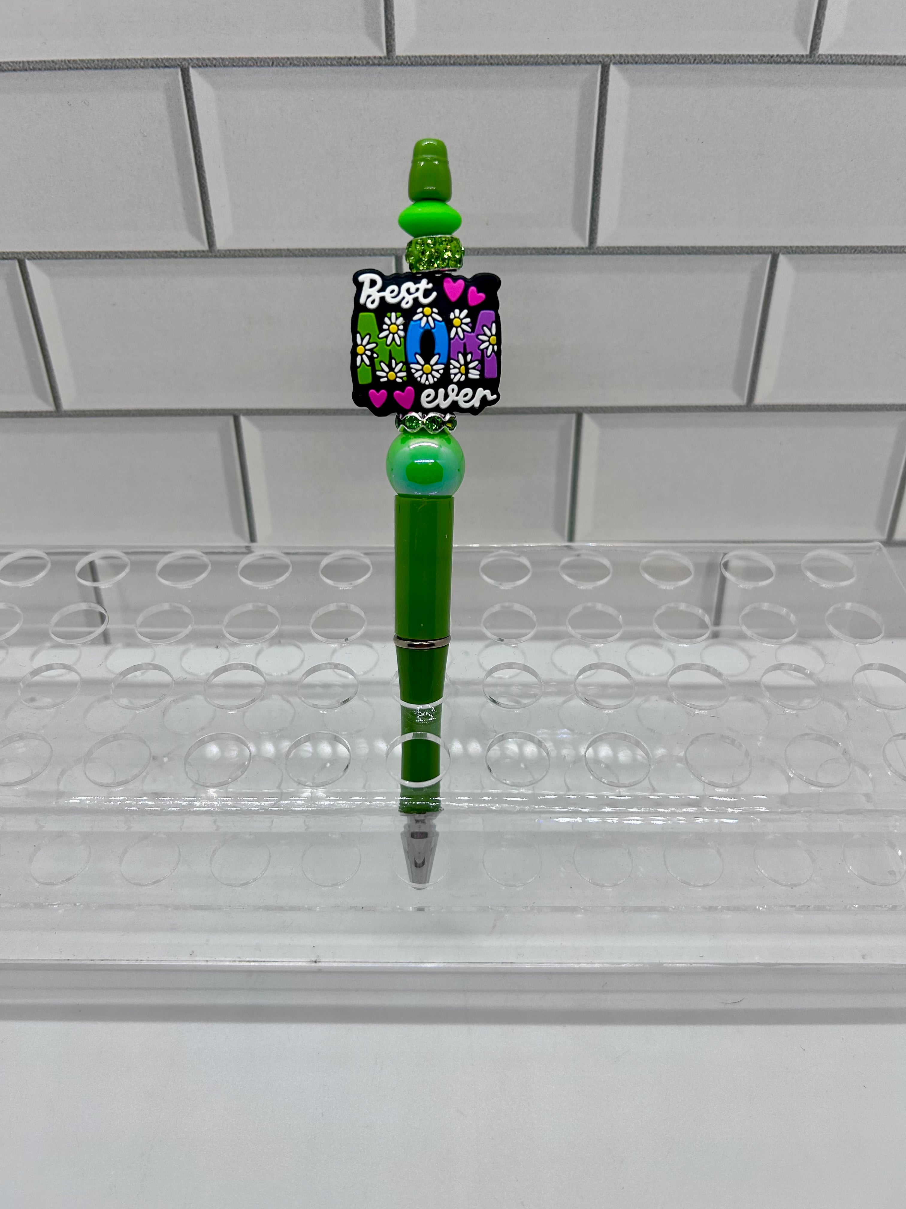 Beaded Ballpoint Pen-Green w/ Mom Theme Focal