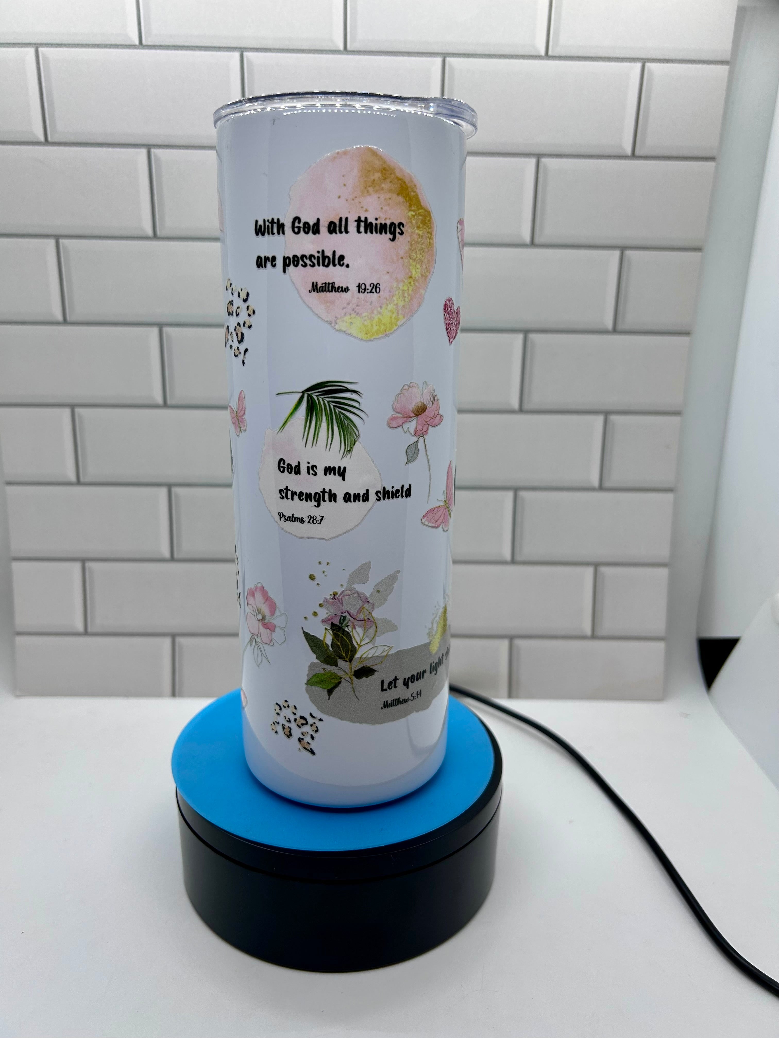 20 ounce Skinny Metal Tumbler With Metal Straw Featuring A Beautiful Inspirational Theme Design