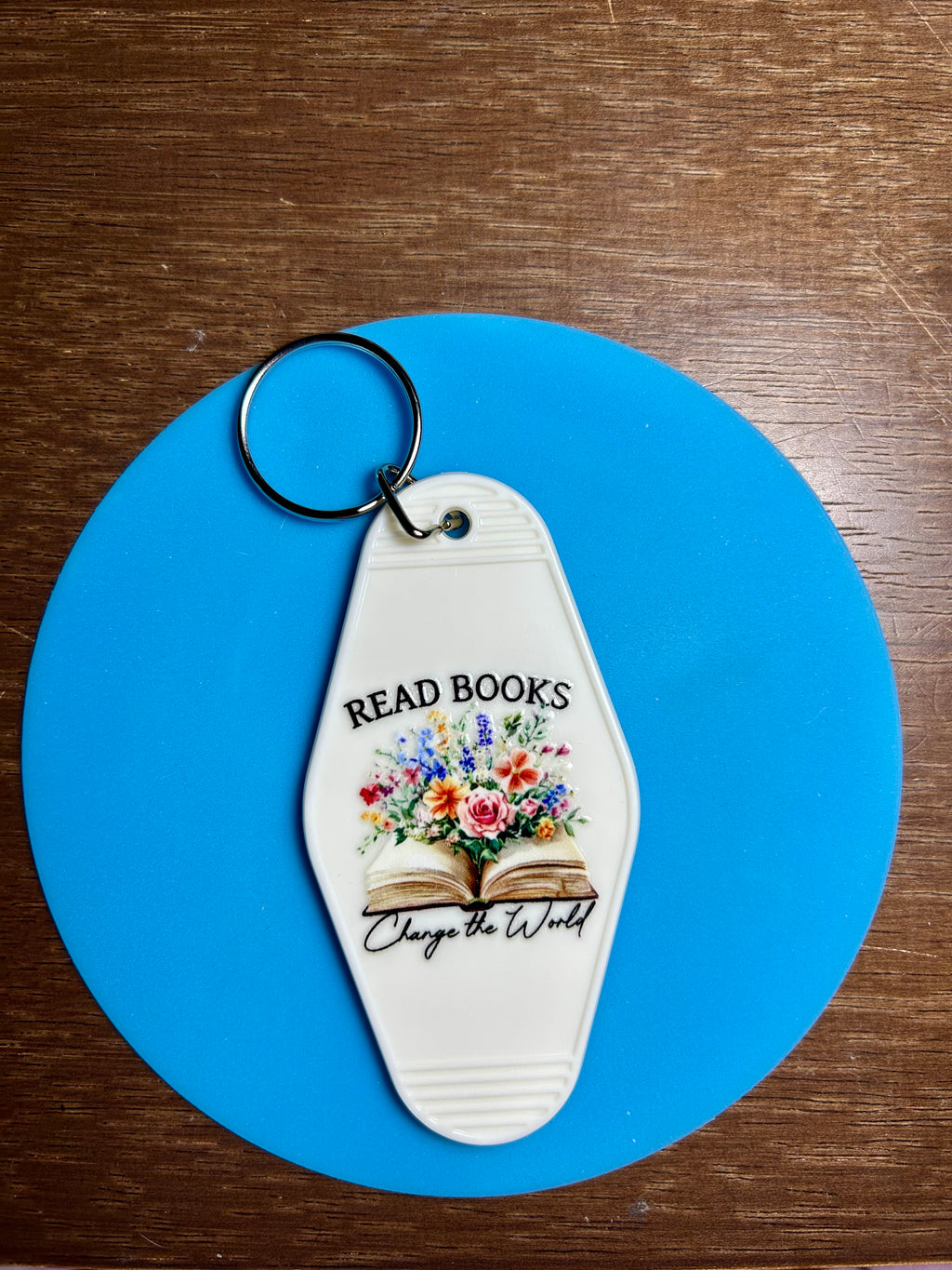 Retro Style Motel Keychain with a Bookish Theme