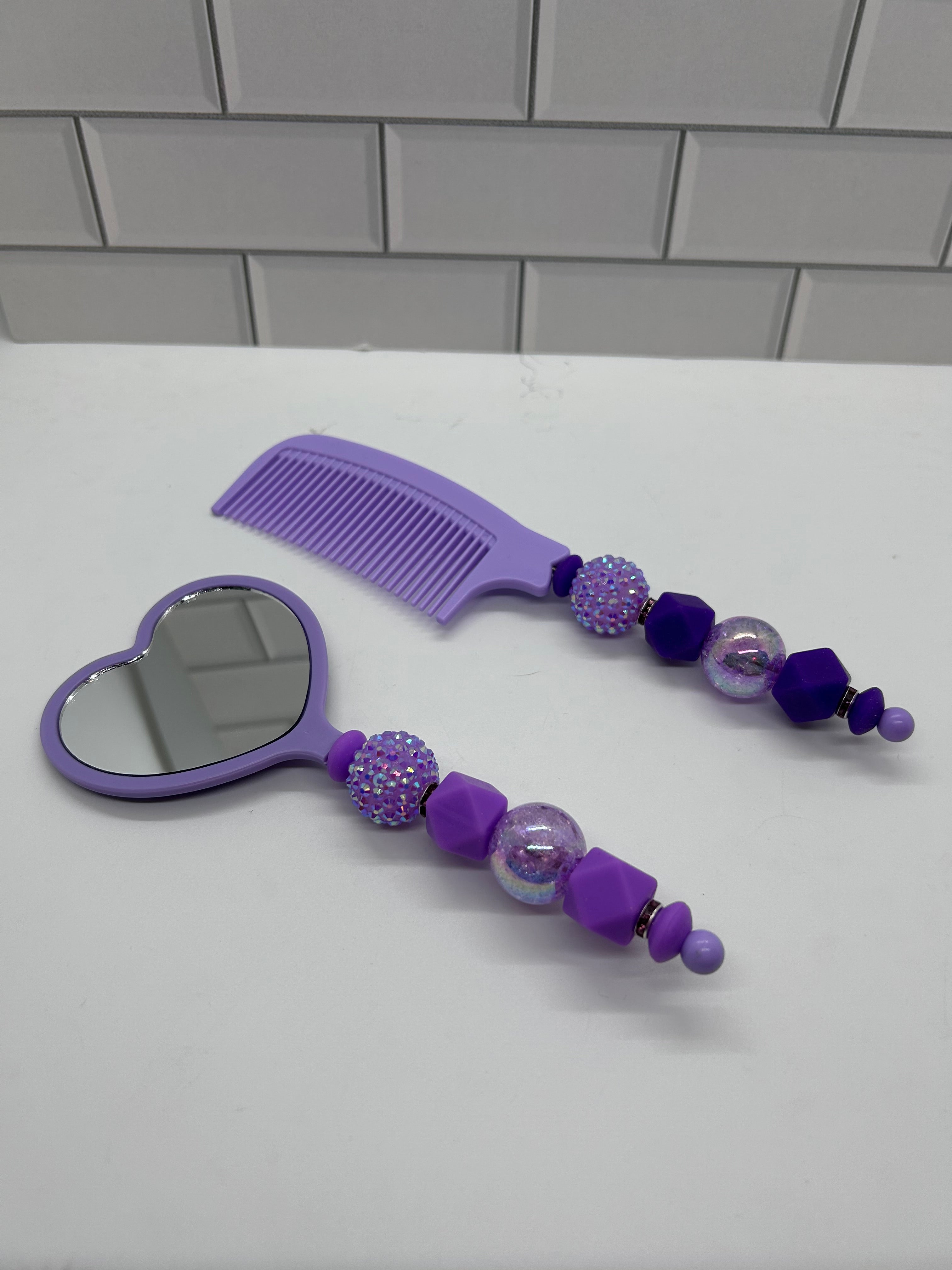 Beaded Comb & Mirror Set-Purple