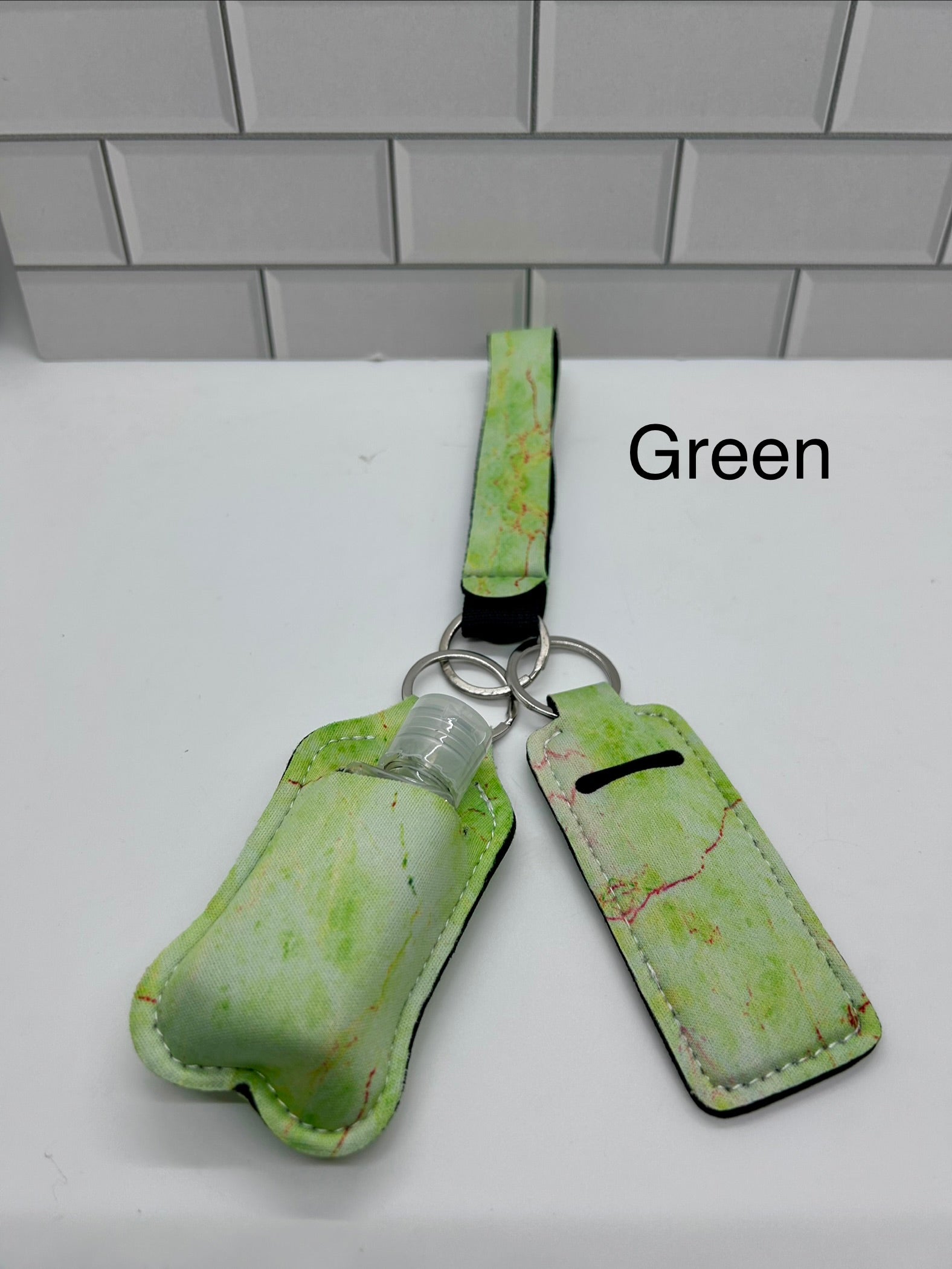 Neoprene Wristlet Keychain with Sanitizer Holder, Empty Bottle and Lip Balm Holder-Green