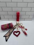 Wristlet Red Scrunchie Keychain Bundle-Wristlet, Cylinder, Heart, Lipglosses Varies, Flowers
