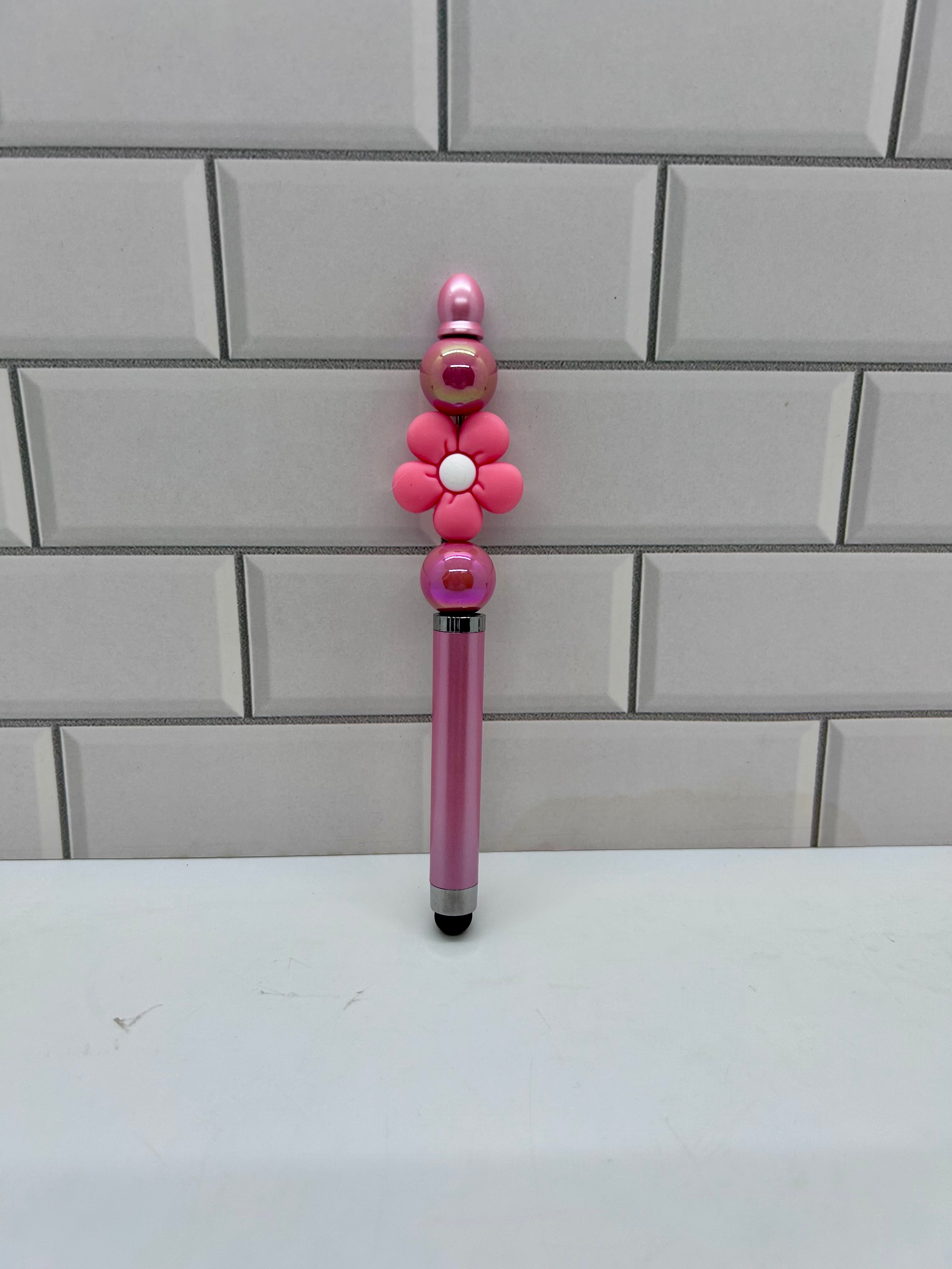 Beaded Stylus/Pen-Pink Acrylic with Floral Focal
