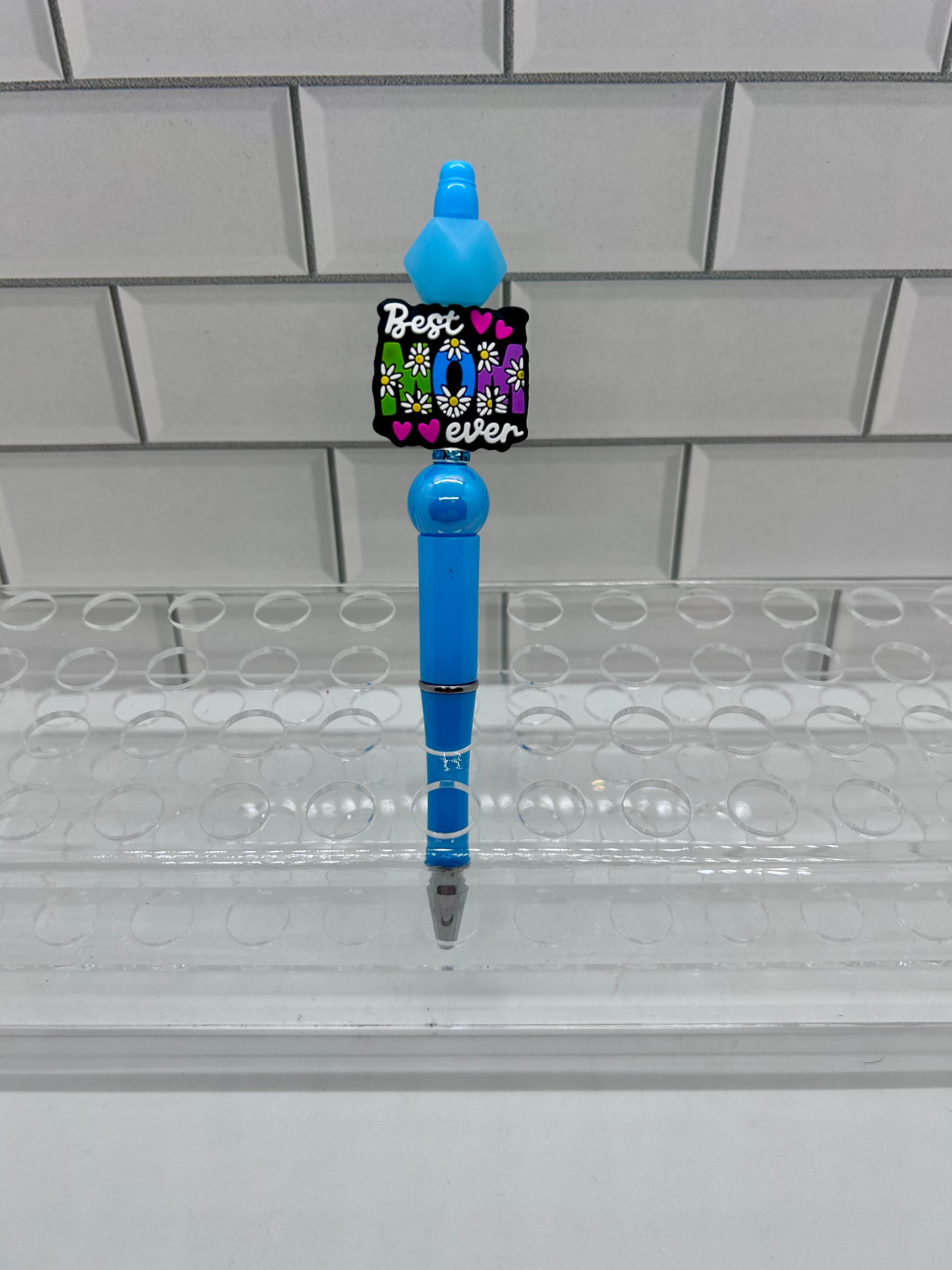Beaded Ballpoint Pen-Blue w/ Mom Theme Focal