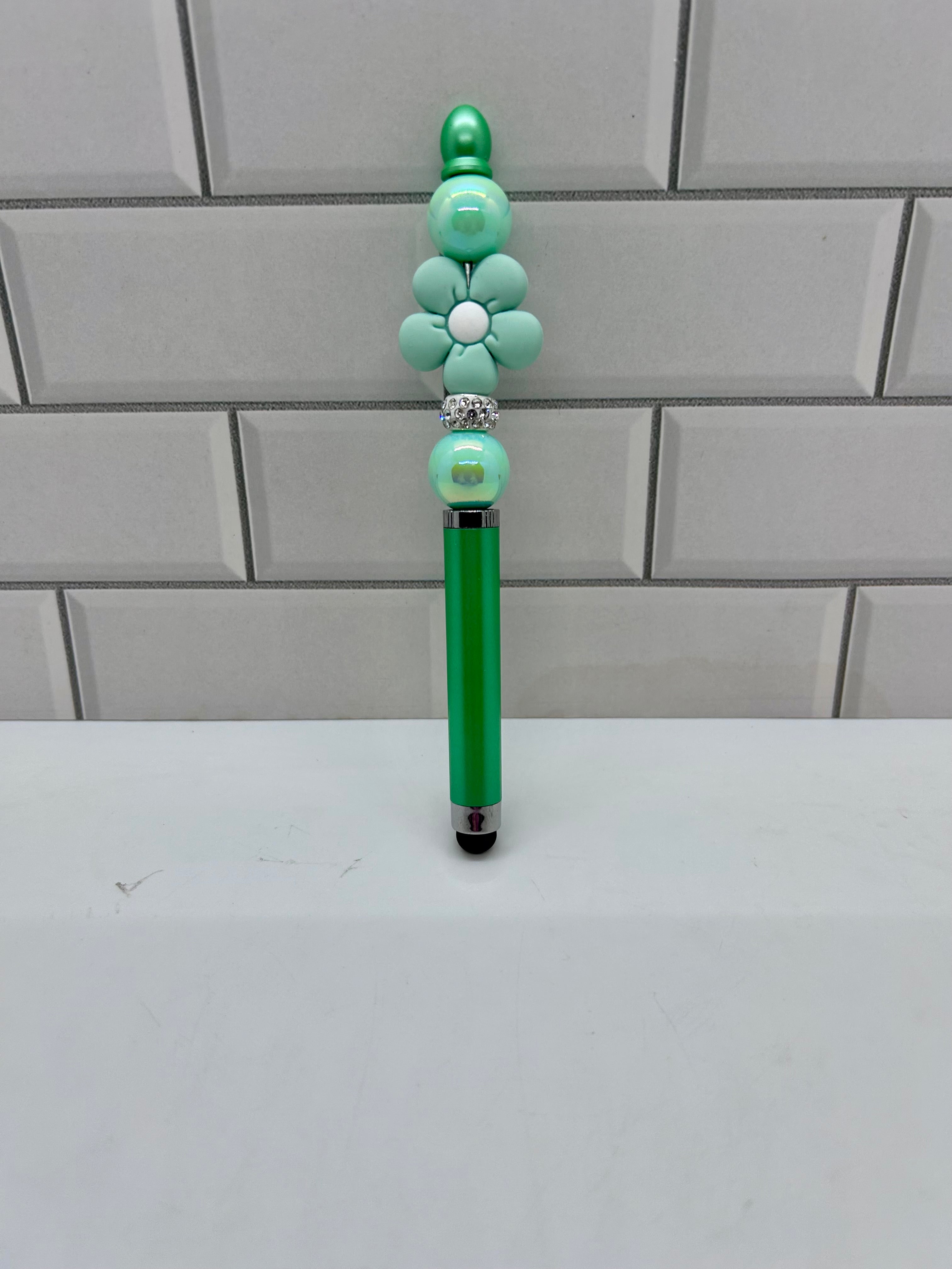 Stylet/Stylo à Perles - Acrylique et Silicone Vert avec Pièce Centrale Florale
