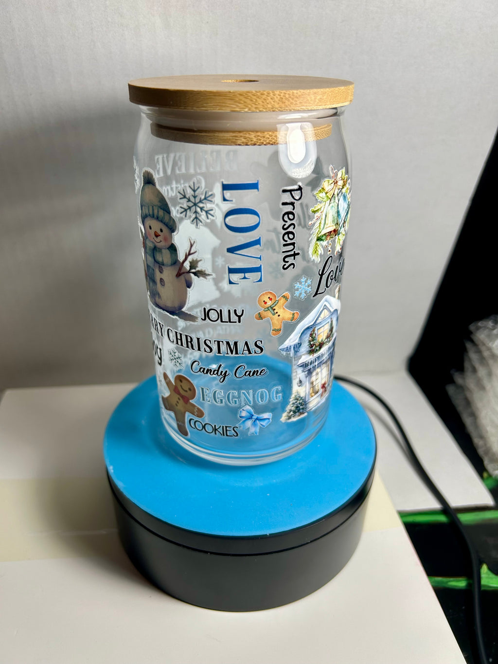 Gobelet en verre de 47 cl, paille en verre avec un magnifique motif de Noël