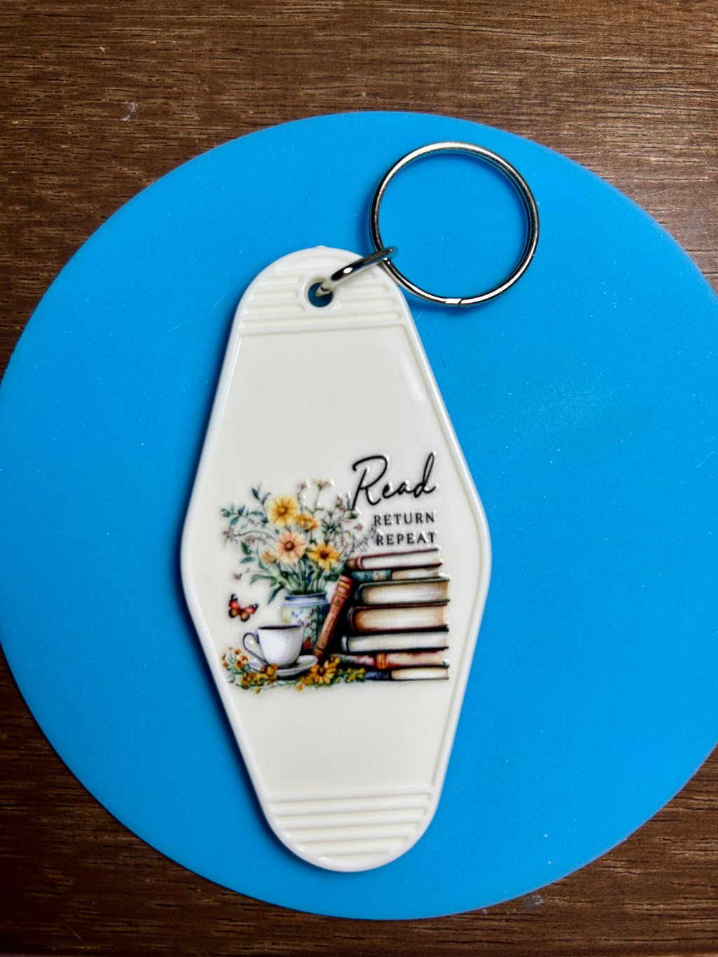 Retro Style Motel Keychain with a Bookish Theme