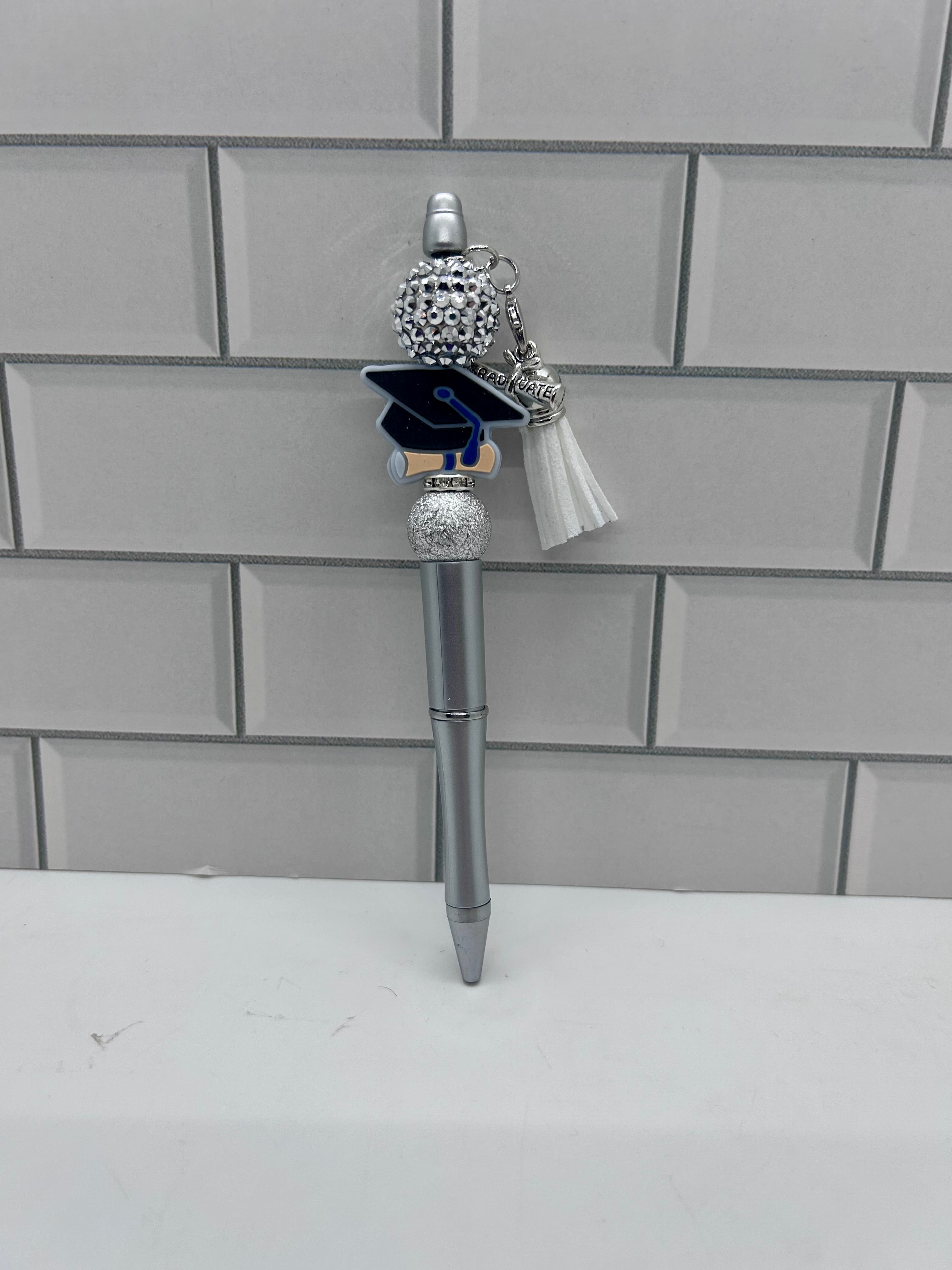 Beaded Ballpoint Pens-Grey with Graduation Theme