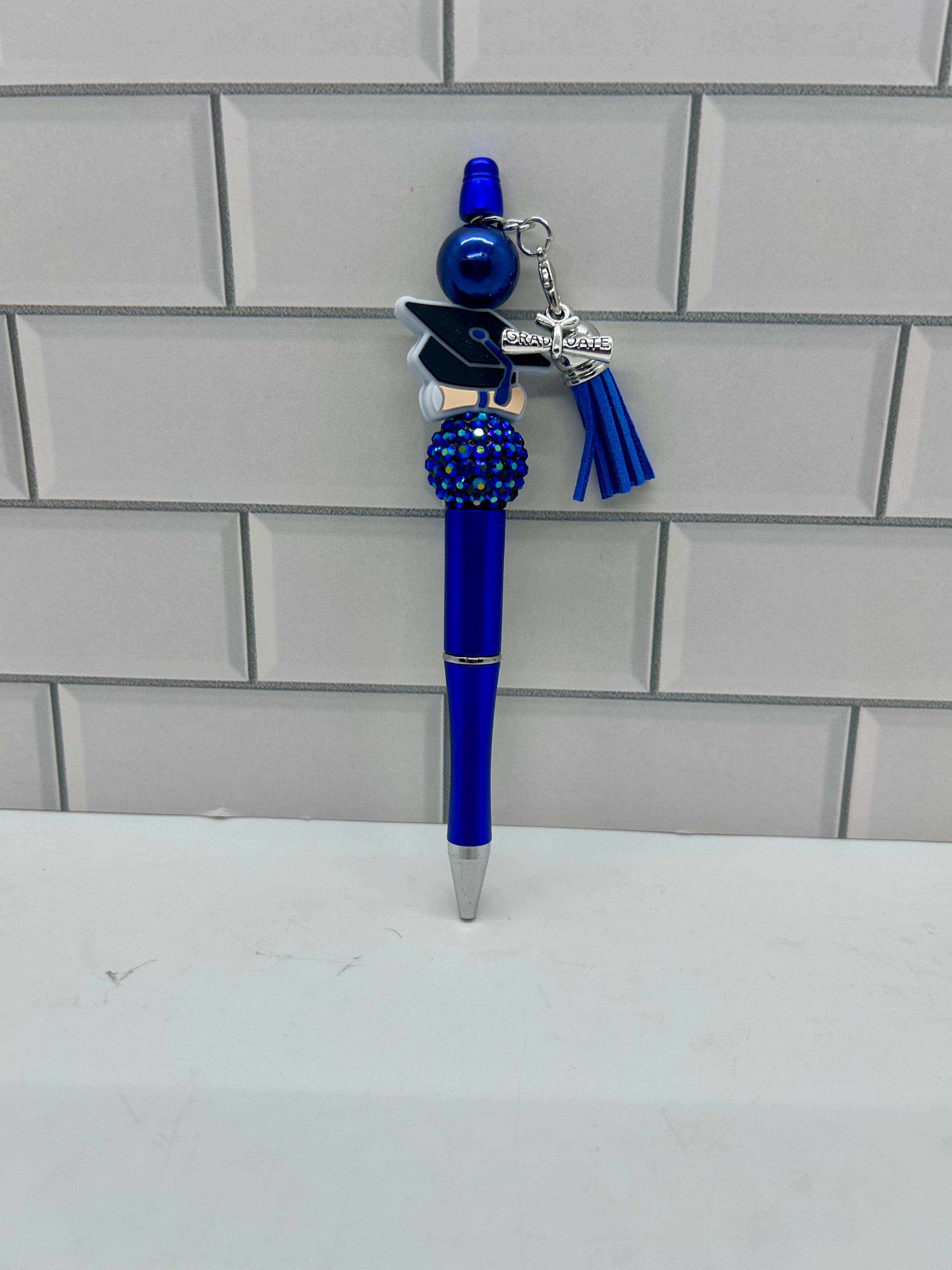 Beaded Ballpoint Pens-Blue with Graduation Theme