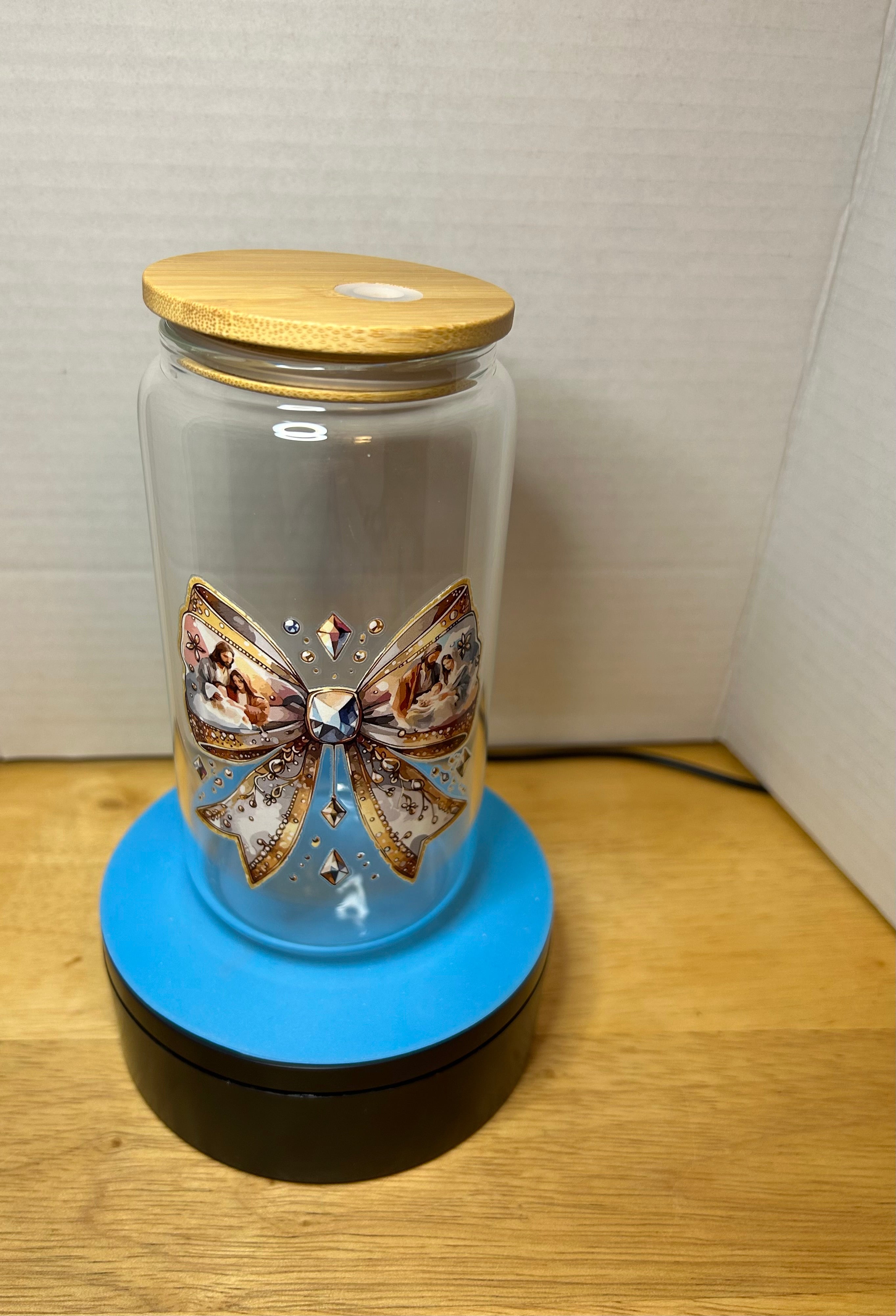 16 oz Glass Tumbler with a bamboo lid featuring a Beautiful Design, comes with metal straw and cleaning brush