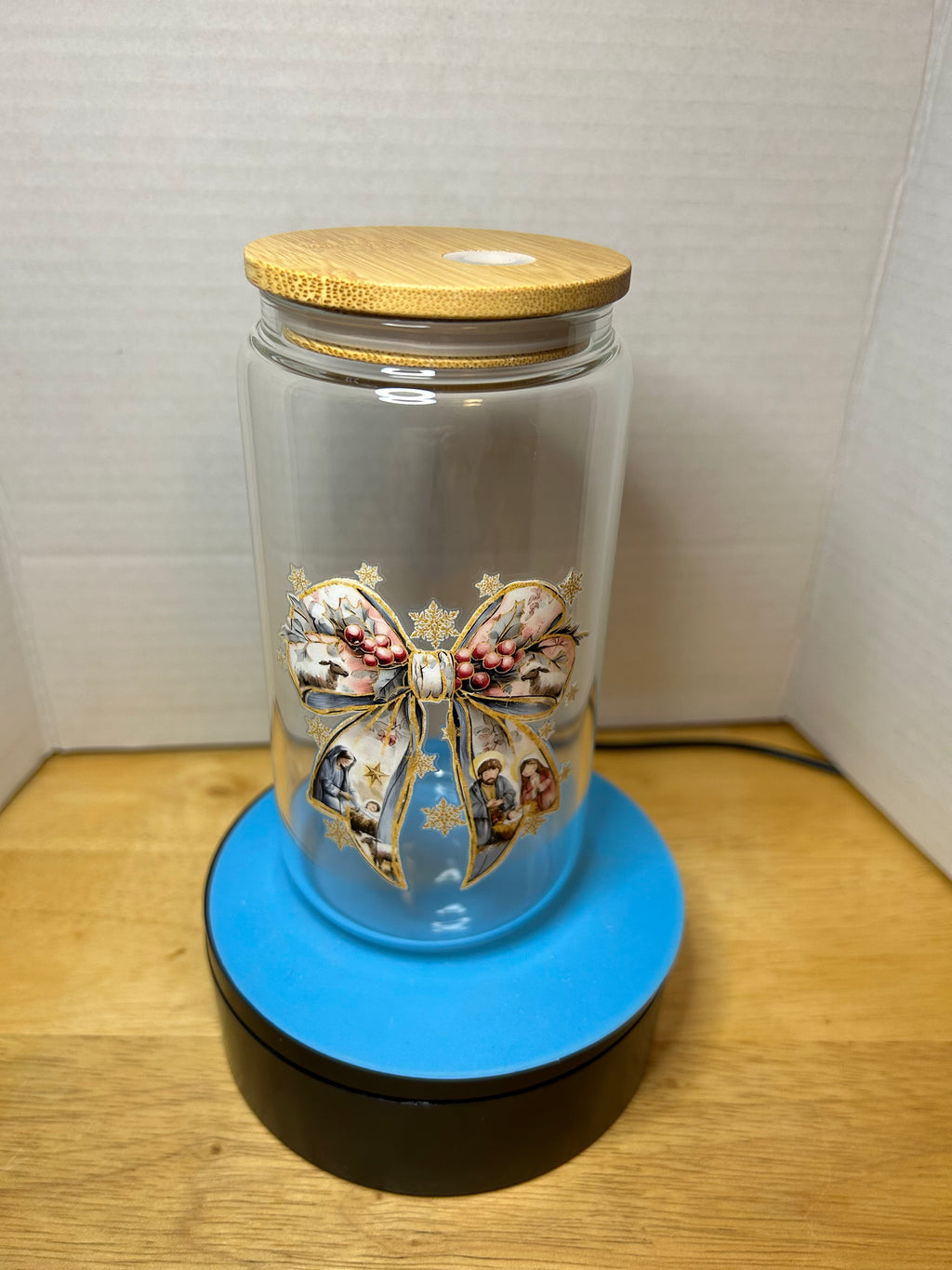 16 oz Glass Tumbler with a bamboo lid featuring a Beautiful Design, comes with metal straw and cleaning brush