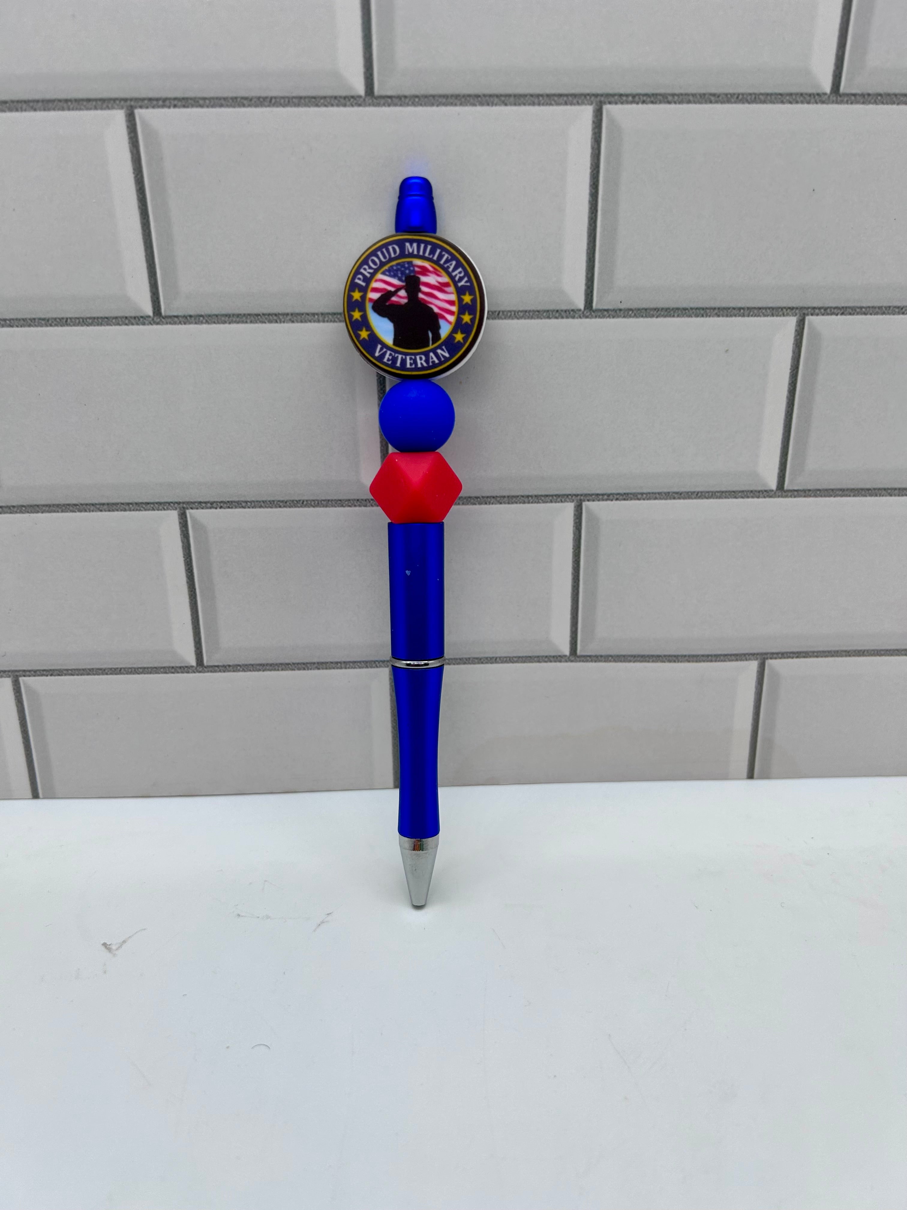 Beaded Ballpoint Pen- Blue Silicone W/Veteran Focal